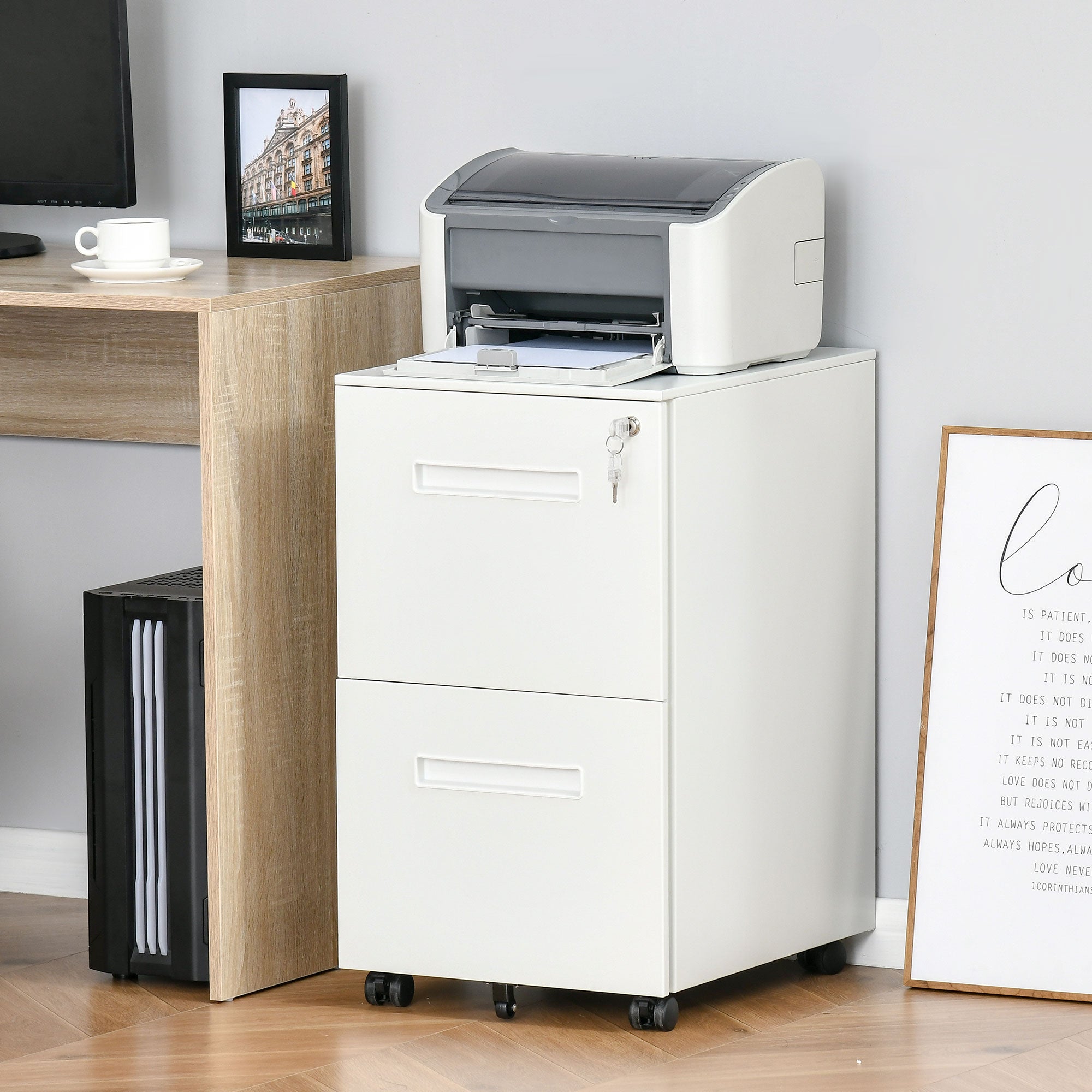 Vinsetto Vertical Filing Cabinet with 2 Drawers, Lock and Wheels, Under Desk Mobile File Cabinet for Legal, A4, Letter Size, Steel Frame for Home Office, White