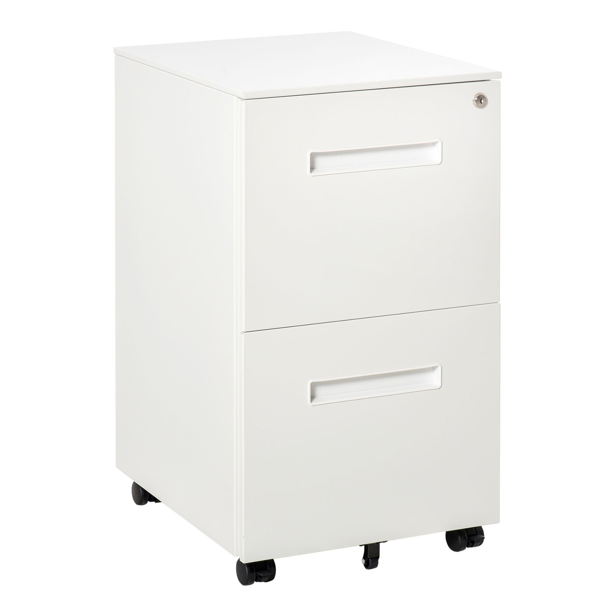 Vinsetto Vertical Filing Cabinet with 2 Drawers, Lock and Wheels, Under Desk Mobile File Cabinet for Legal, A4, Letter Size, Steel Frame for Home Office, White