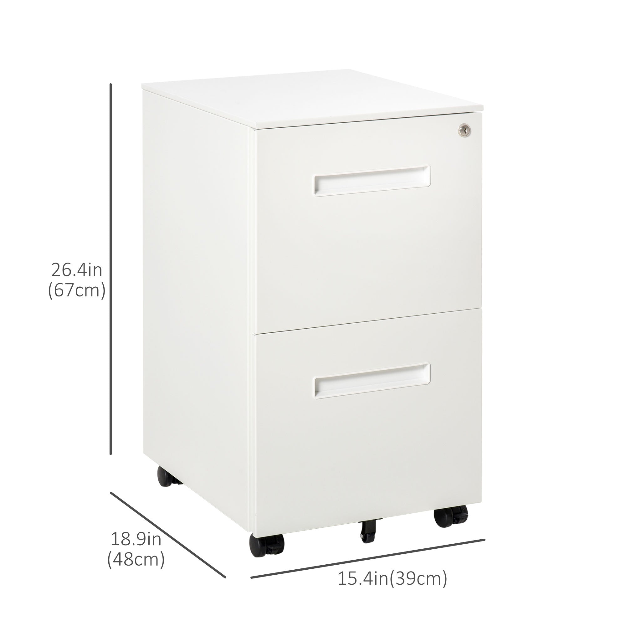 Vinsetto Vertical Filing Cabinet with 2 Drawers, Lock and Wheels, Under Desk Mobile File Cabinet for Legal, A4, Letter Size, Steel Frame for Home Office, White