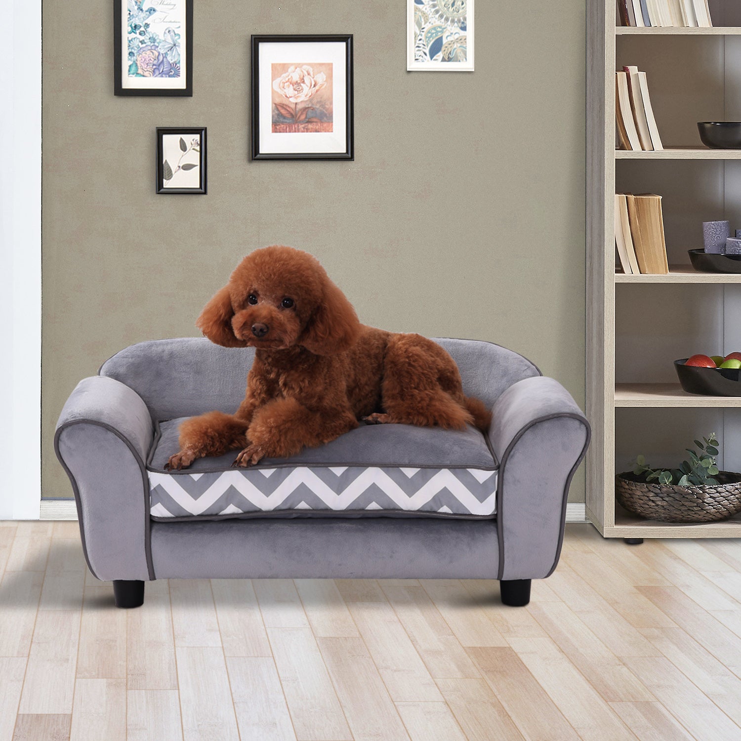 PawHut Pet Soft Warm Sofa Elevated Dog Puppy Sleeping Bed Raised Lounge Couch Bolster Side Pet Furniture Grey