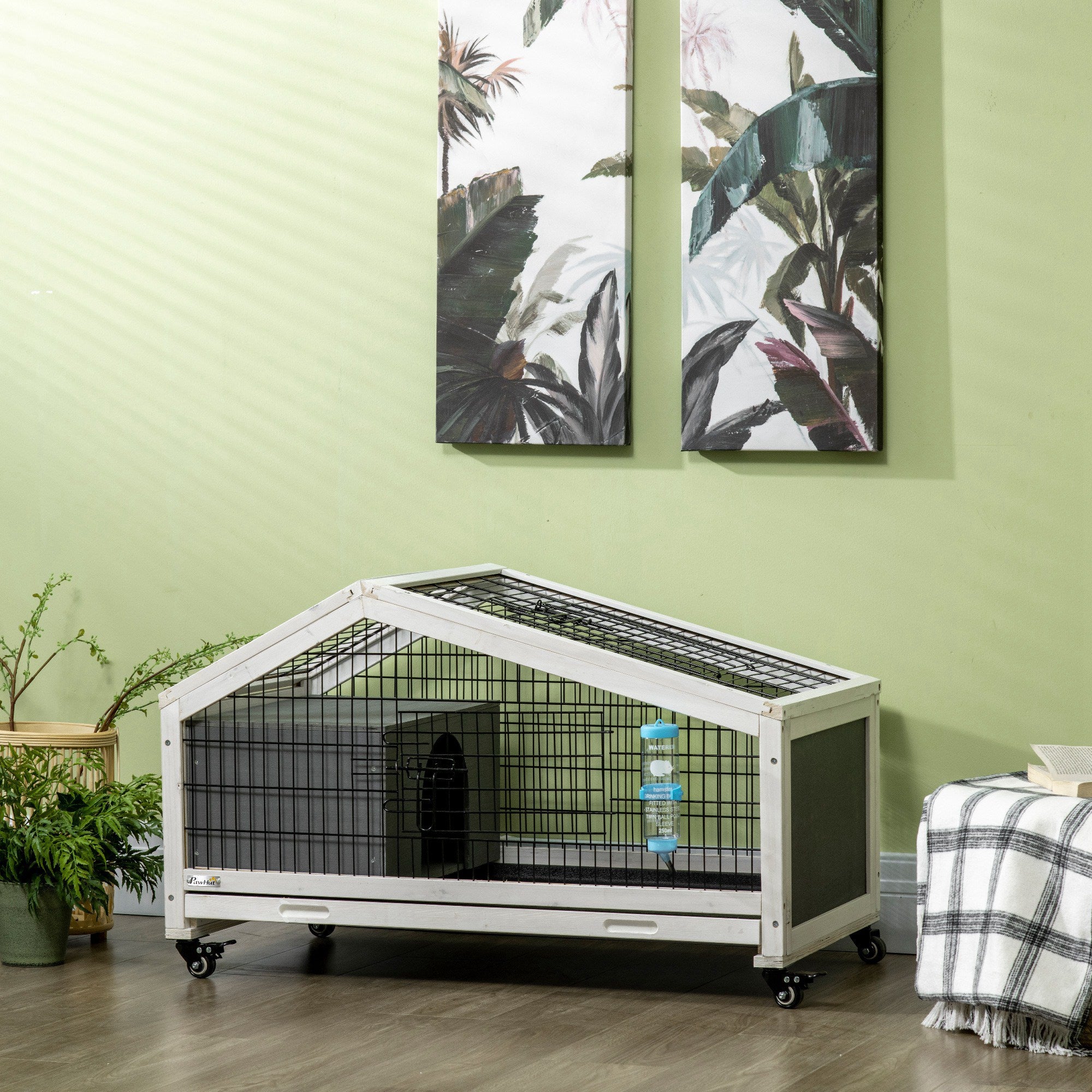 PawHut Rabbit Hutch, Guinea Pig Cage, Small Animal House Bunny Run w/ Water Bottle, Wheels, Plastic Slide-Out Tray, for Indoors - Dark Grey