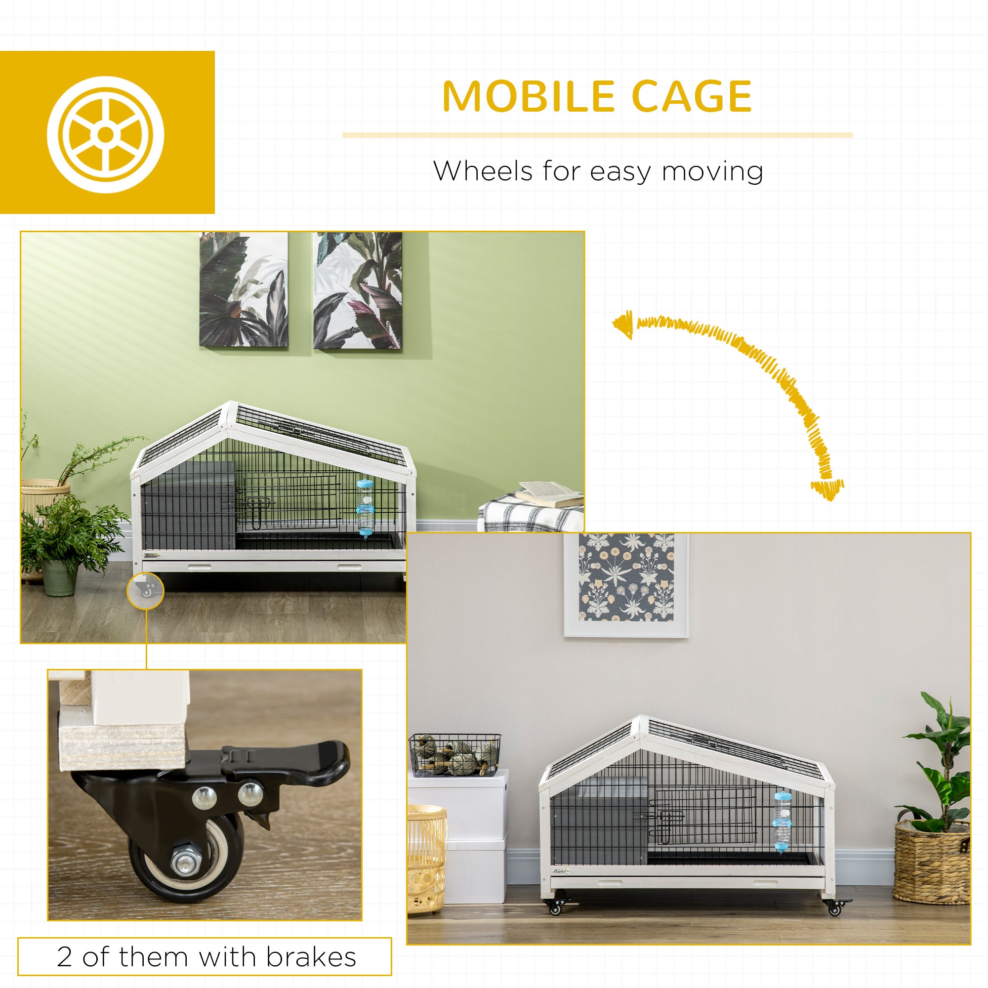 PawHut Rabbit Hutch, Guinea Pig Cage, Small Animal House Bunny Run w/ Water Bottle, Wheels, Plastic Slide-Out Tray, for Indoors - Dark Grey
