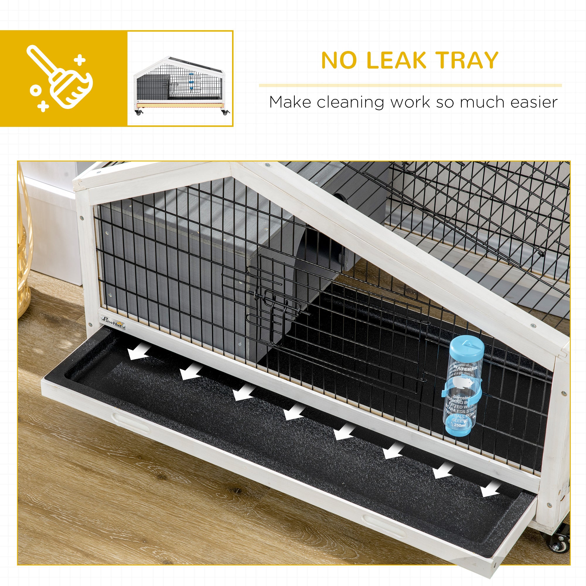 PawHut Rabbit Hutch, Guinea Pig Cage, Small Animal House Bunny Run w/ Water Bottle, Wheels, Plastic Slide-Out Tray, for Indoors - Dark Grey