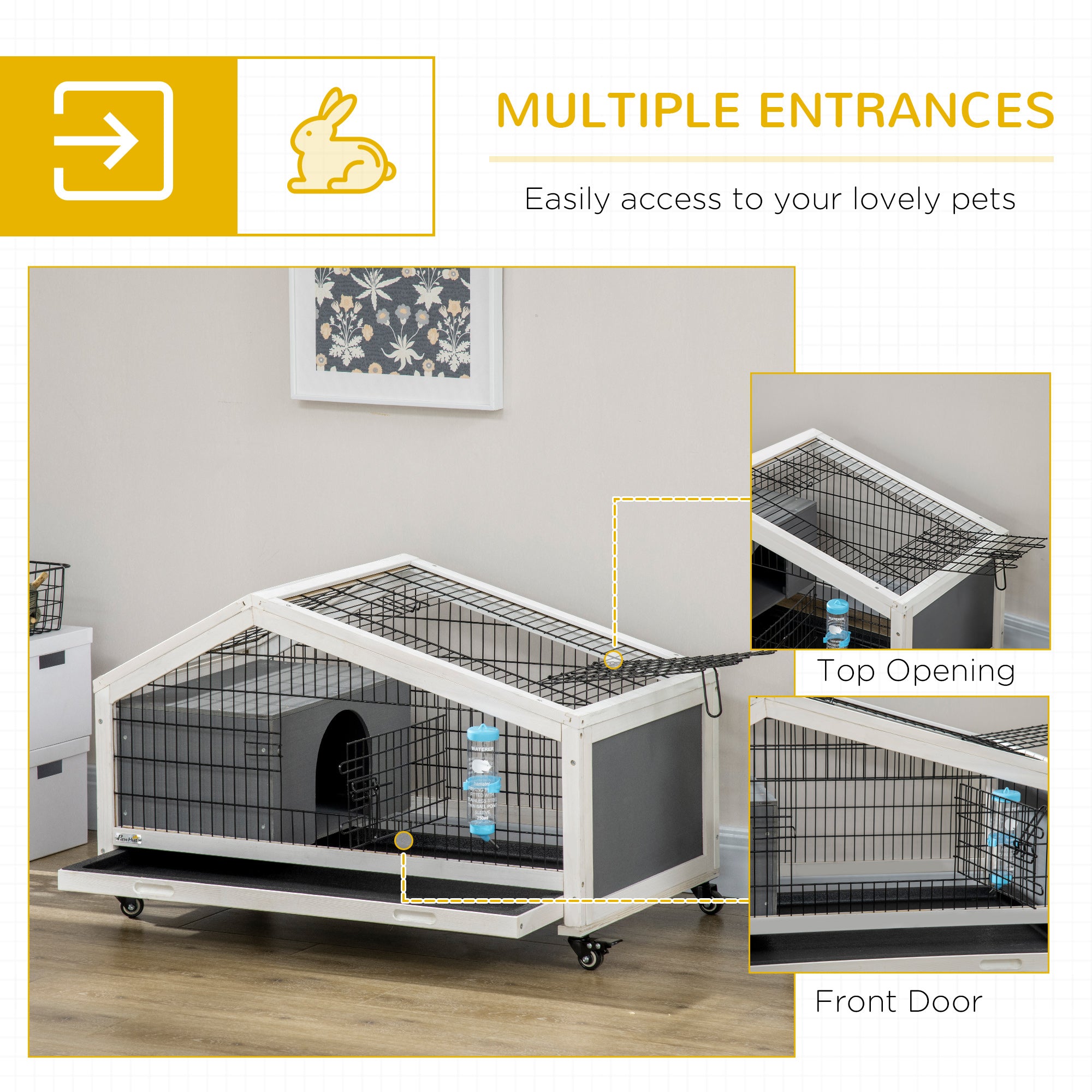 PawHut Rabbit Hutch, Guinea Pig Cage, Small Animal House Bunny Run w/ Water Bottle, Wheels, Plastic Slide-Out Tray, for Indoors - Dark Grey