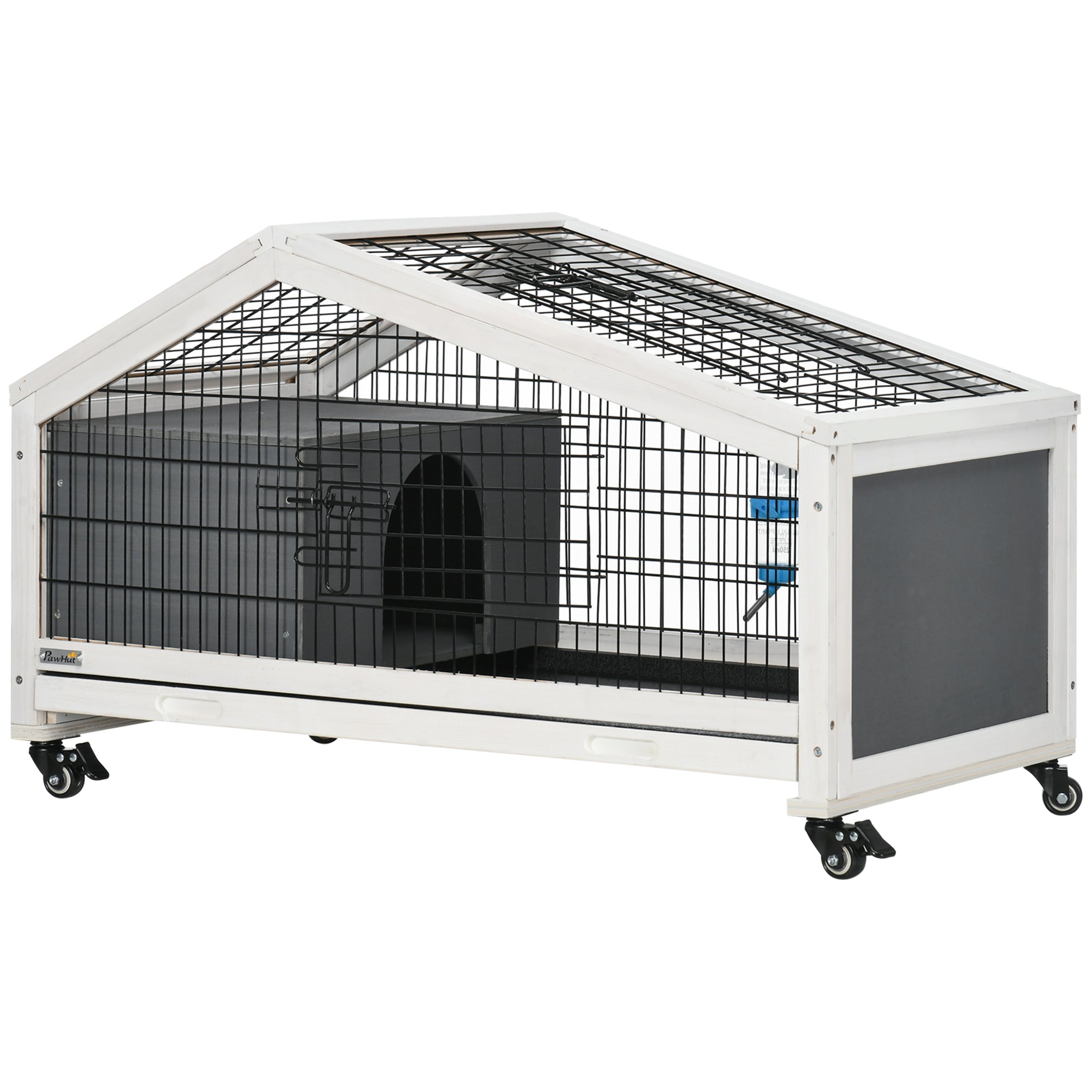 PawHut Rabbit Hutch, Guinea Pig Cage, Small Animal House Bunny Run w/ Water Bottle, Wheels, Plastic Slide-Out Tray, for Indoors - Dark Grey