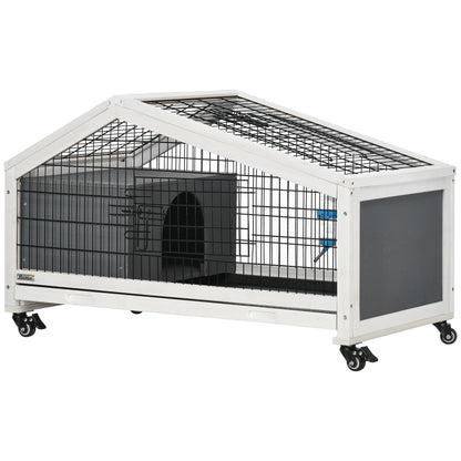 PawHut Rabbit Hutch, Guinea Pig Cage, Small Animal House Bunny Run w/ Water Bottle, Wheels, Plastic Slide-Out Tray, for Indoors - Dark Grey