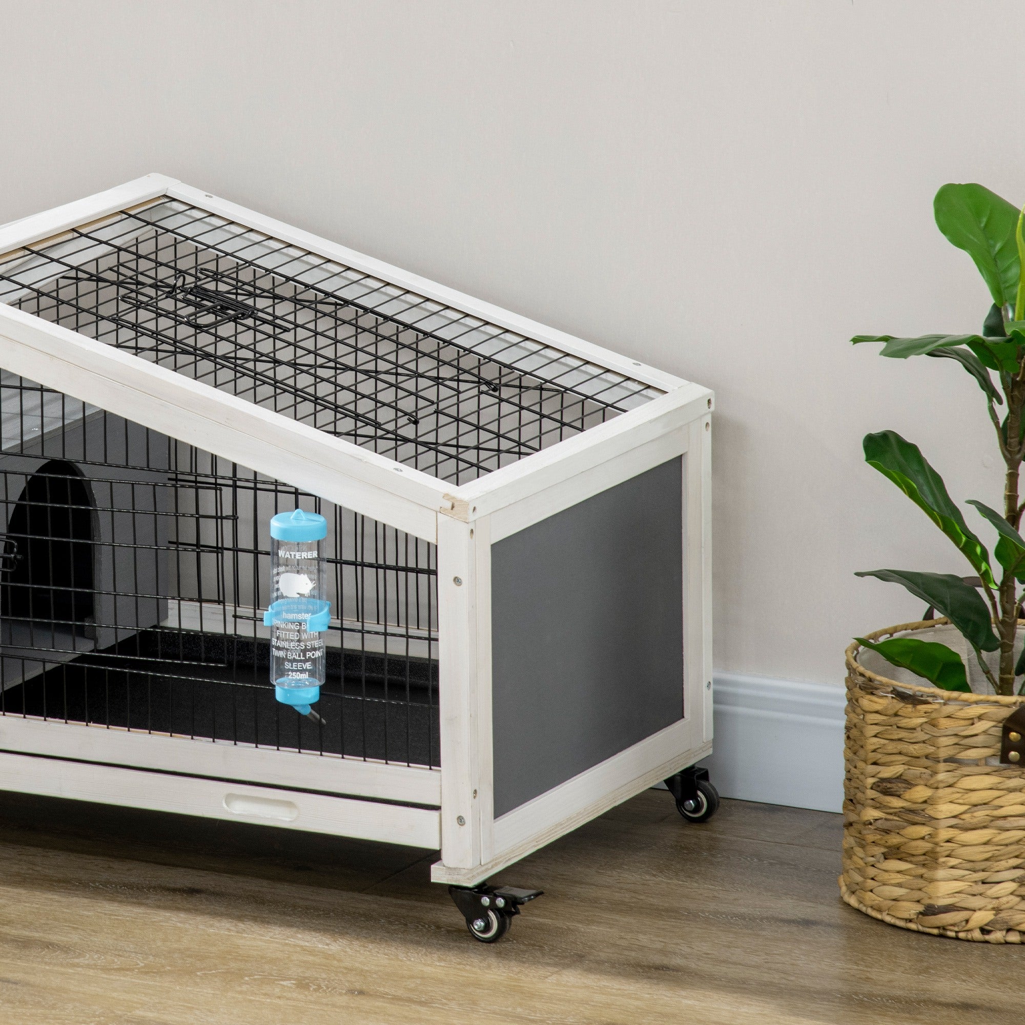 PawHut Rabbit Hutch, Guinea Pig Cage, Small Animal House Bunny Run w/ Water Bottle, Wheels, Plastic Slide-Out Tray, for Indoors - Dark Grey