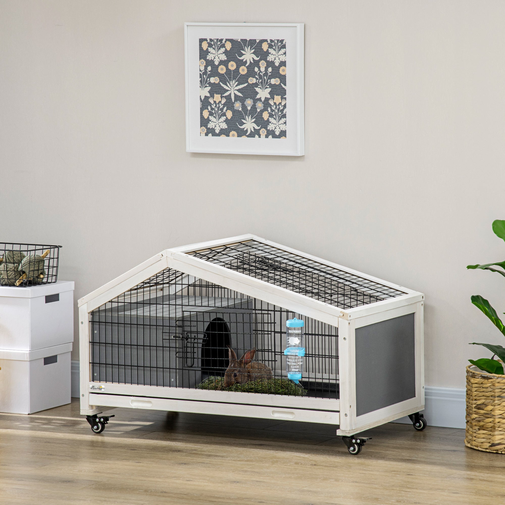 PawHut Rabbit Hutch, Guinea Pig Cage, Small Animal House Bunny Run w/ Water Bottle, Wheels, Plastic Slide-Out Tray, for Indoors - Dark Grey