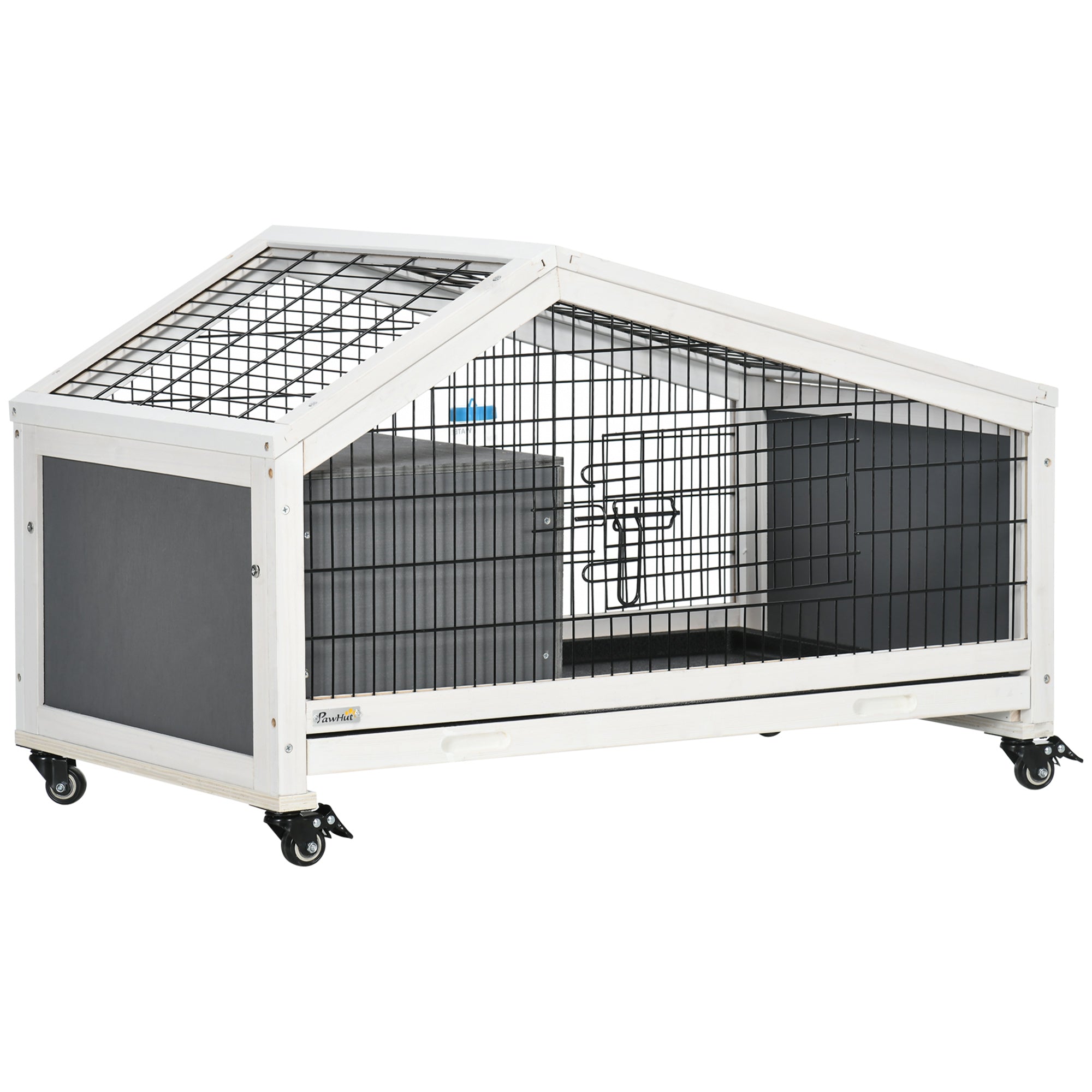 PawHut Rabbit Hutch, Guinea Pig Cage, Small Animal House Bunny Run w/ Water Bottle, Wheels, Plastic Slide-Out Tray, for Indoors - Dark Grey