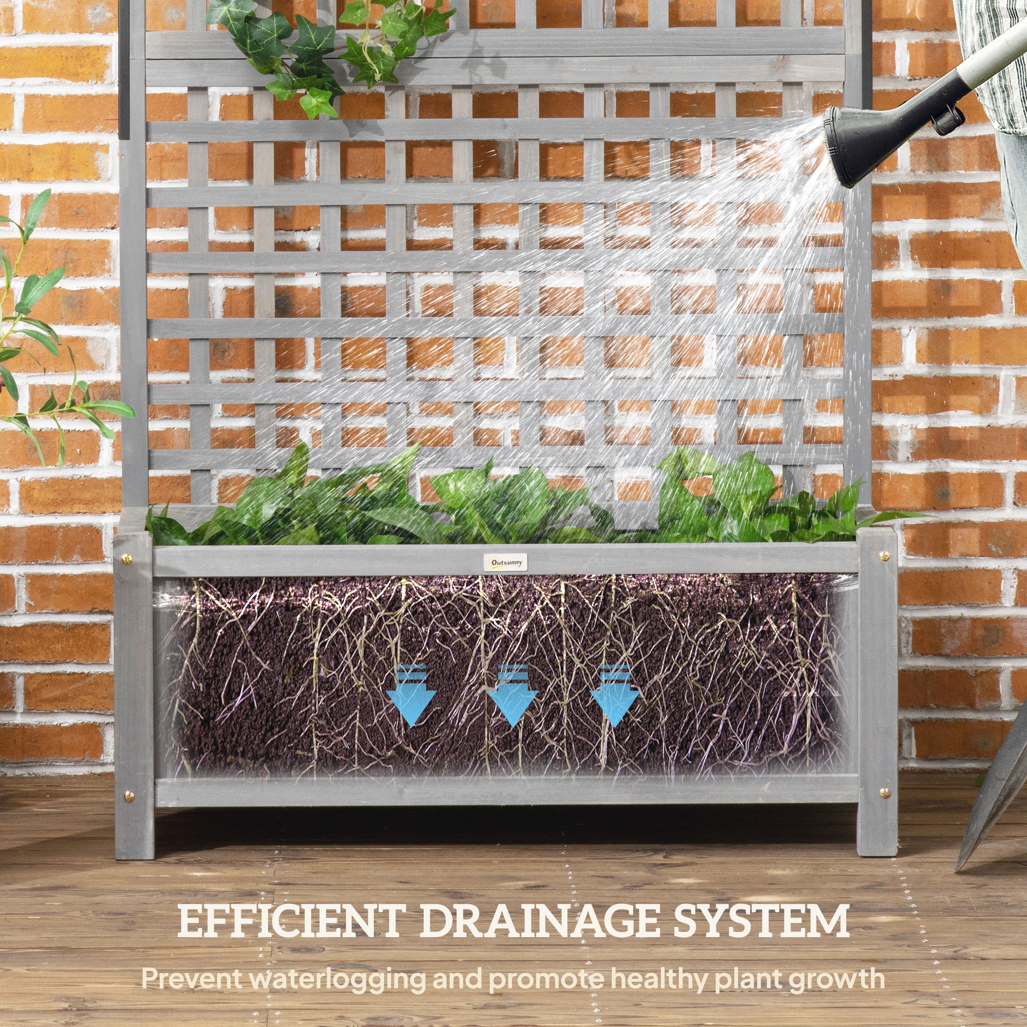 Outsunny Raised Garden Bed, Wood Planter with Trellis for Vine Climbing, Privacy Screen Planter Box to Grow Vegetables, Herbs, and Flowers for Backyard, Patio, Deck, Dark Grey