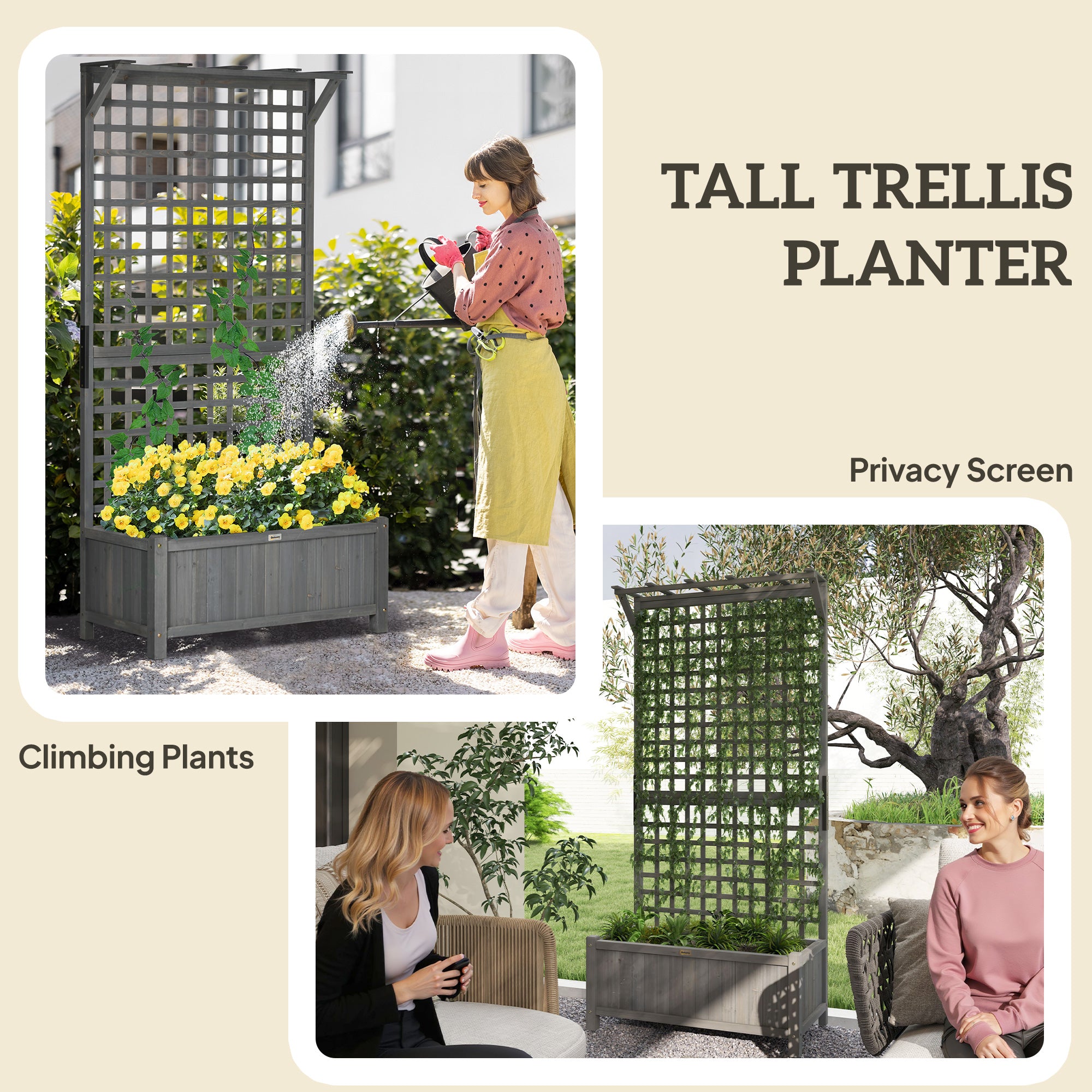 Outsunny Raised Garden Bed, Wood Planter with Trellis for Vine Climbing, Privacy Screen Planter Box to Grow Vegetables, Herbs, and Flowers for Backyard, Patio, Deck, Dark Grey