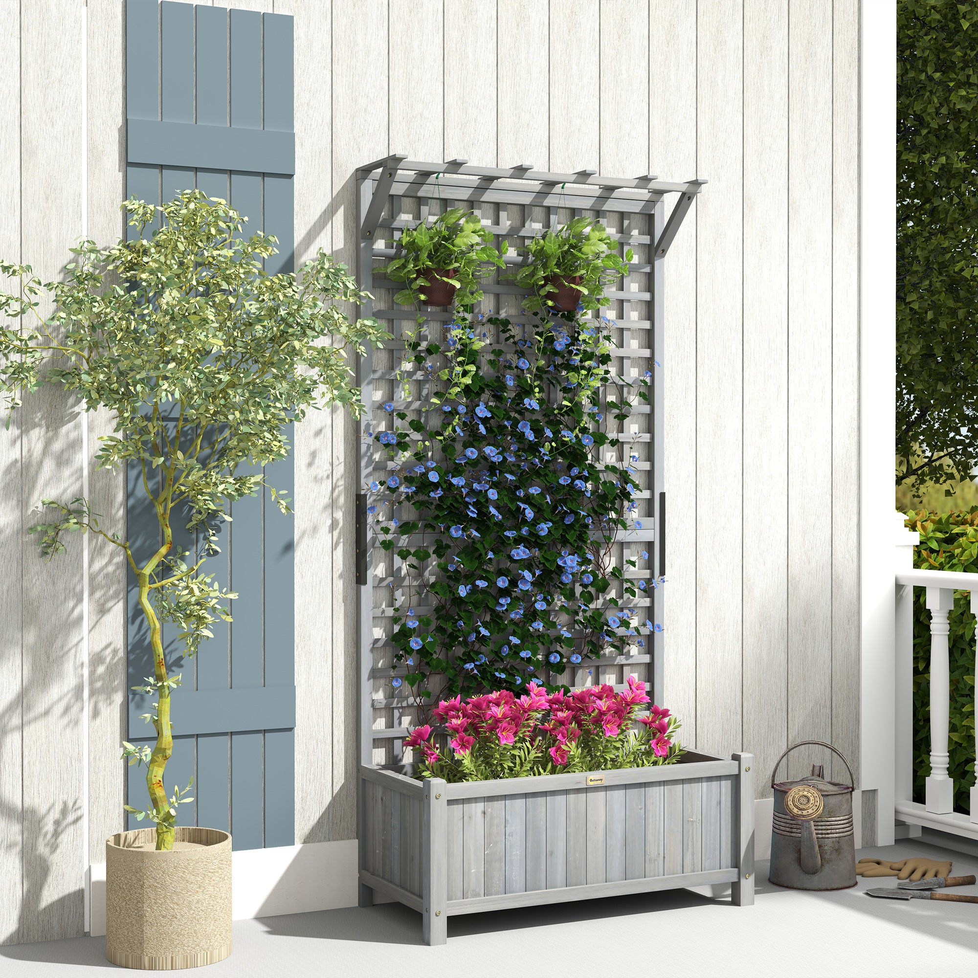 Outsunny Raised Garden Bed, Wood Planter with Trellis for Vine Climbing, Privacy Screen Planter Box to Grow Vegetables, Herbs, and Flowers for Backyard, Patio, Deck, Dark Grey
