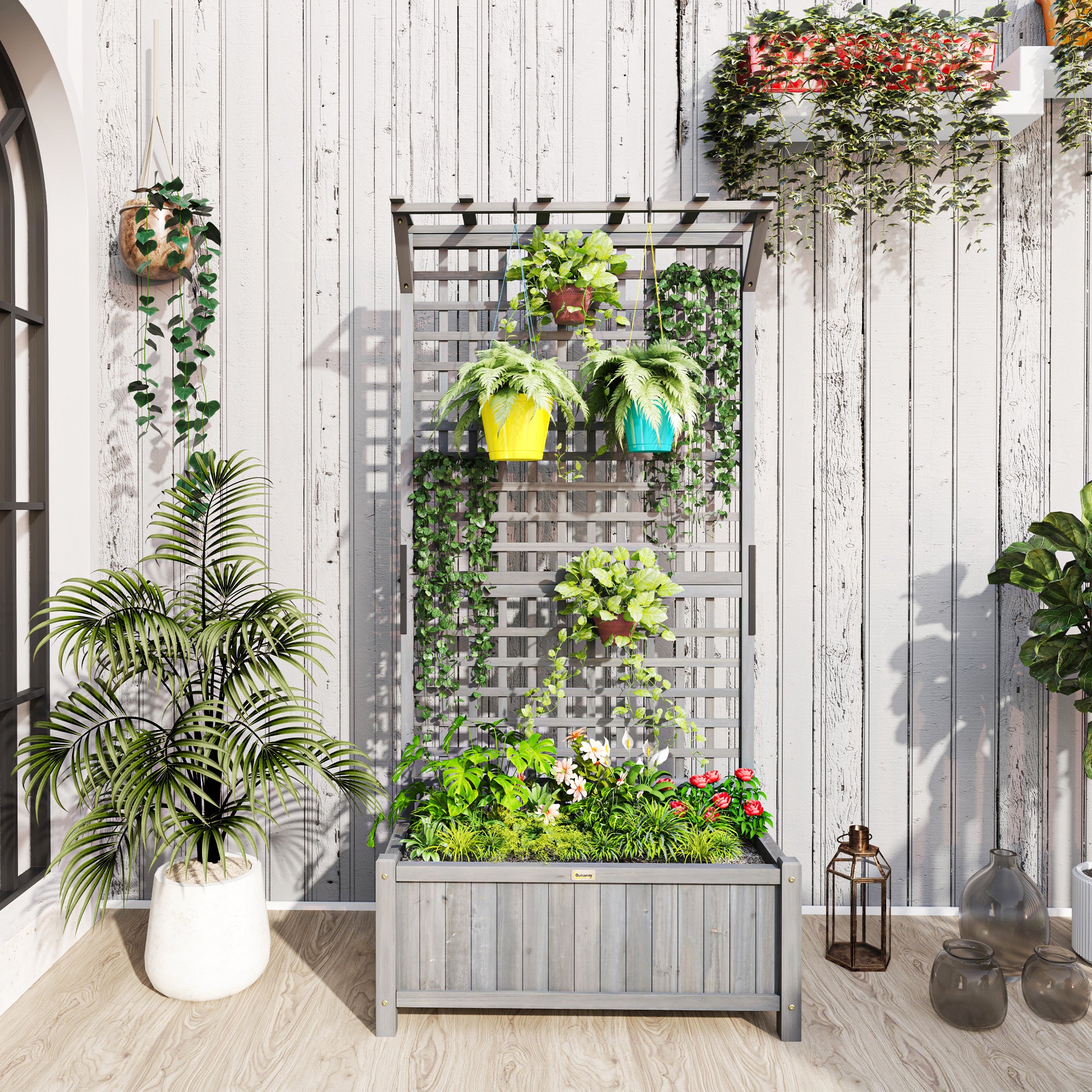 Outsunny Raised Garden Bed, Wood Planter with Trellis for Vine Climbing, Privacy Screen Planter Box to Grow Vegetables, Herbs, and Flowers for Backyard, Patio, Deck, Dark Grey