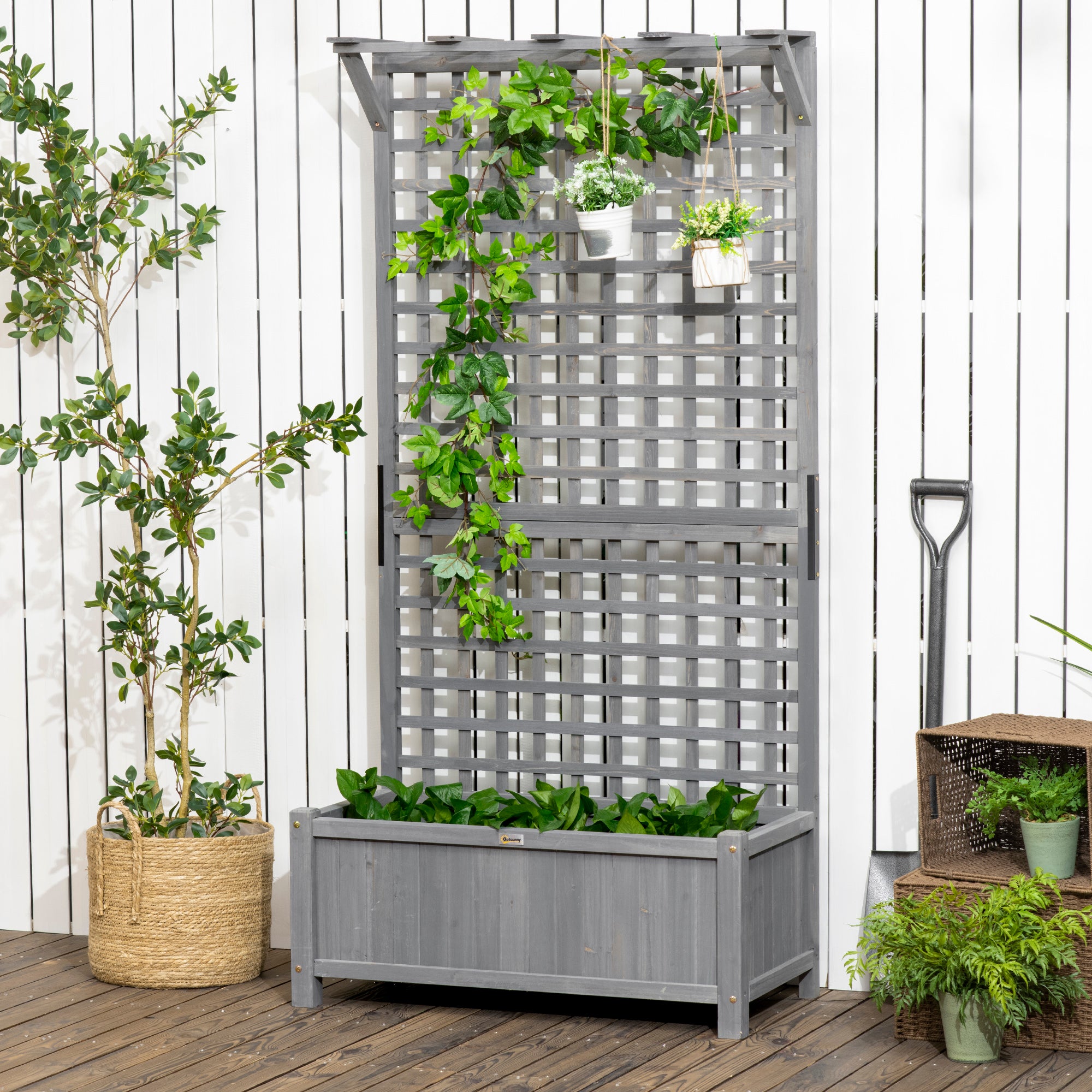 Outsunny Raised Garden Bed, Wood Planter with Trellis for Vine Climbing, Privacy Screen Planter Box to Grow Vegetables, Herbs, and Flowers for Backyard, Patio, Deck, Dark Grey