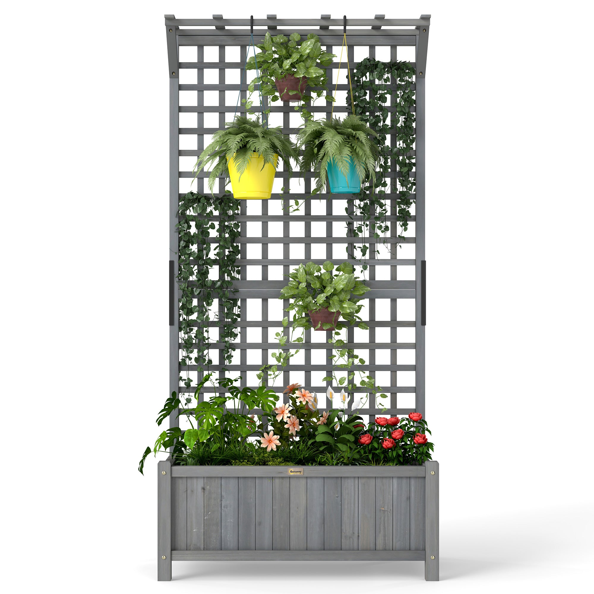 Outsunny Raised Garden Bed, Wood Planter with Trellis for Vine Climbing, Privacy Screen Planter Box to Grow Vegetables, Herbs, and Flowers for Backyard, Patio, Deck, Dark Grey