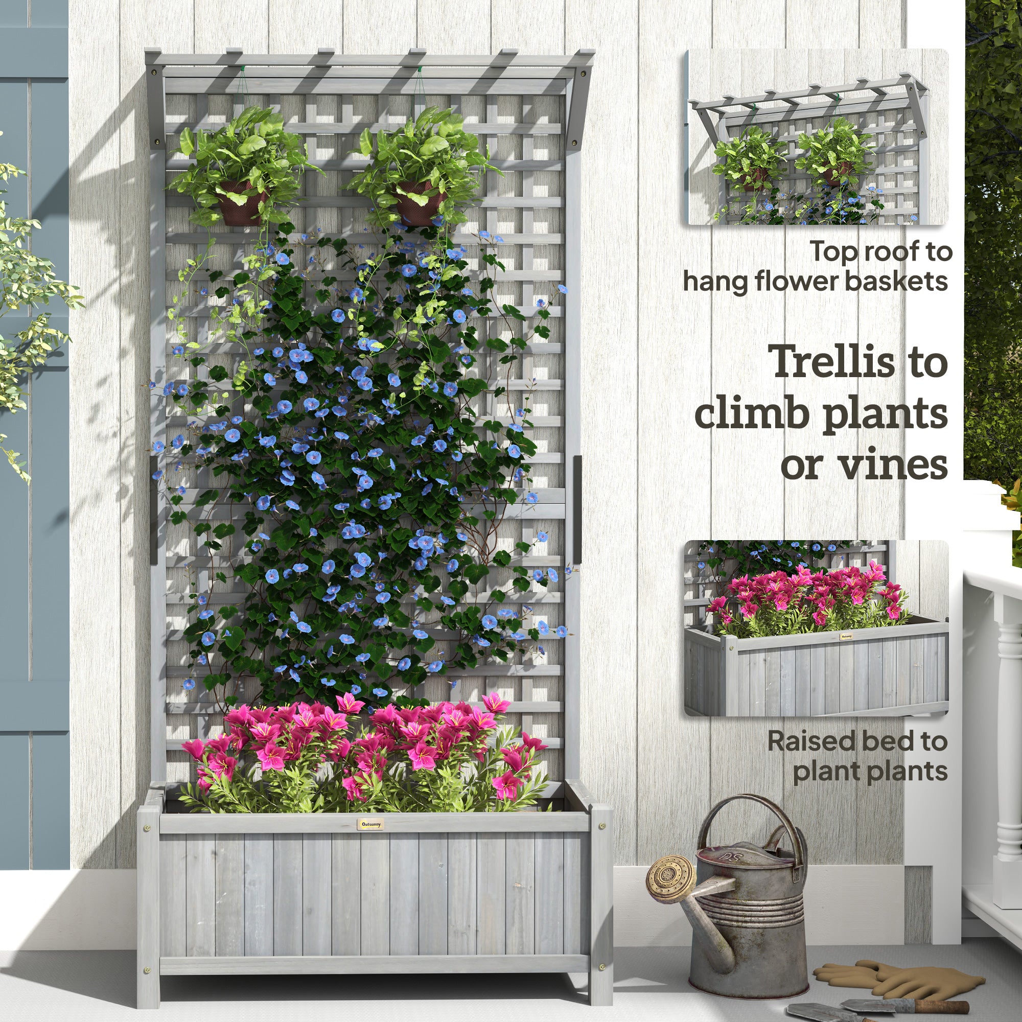 Outsunny Raised Garden Bed, Wood Planter with Trellis for Vine Climbing, Privacy Screen Planter Box to Grow Vegetables, Herbs, and Flowers for Backyard, Patio, Deck, Dark Grey