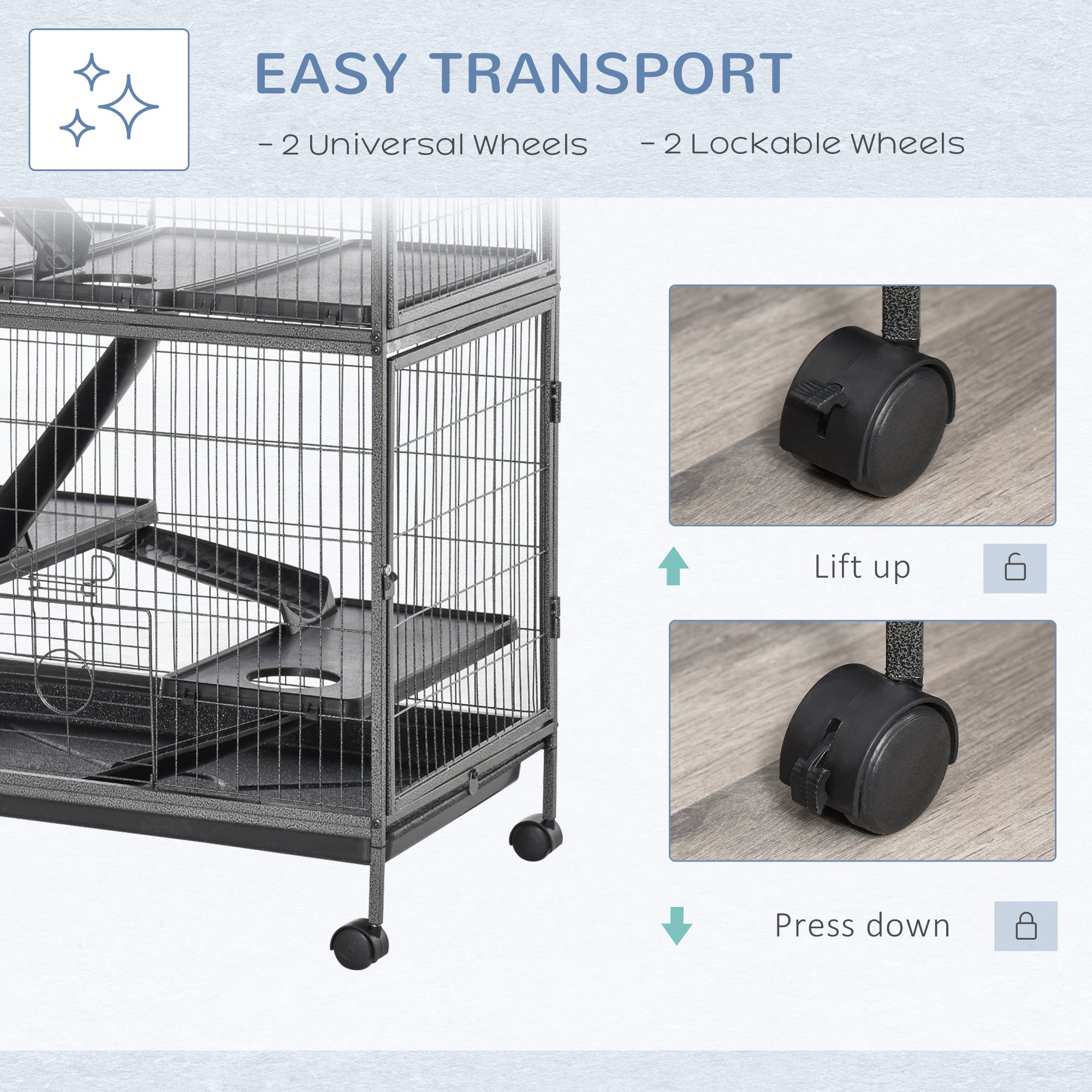 PawHut Small Animal Cage for Chinchilla Ferret Kitten on Wheels with Hammock Removable Tray, Silver Grey