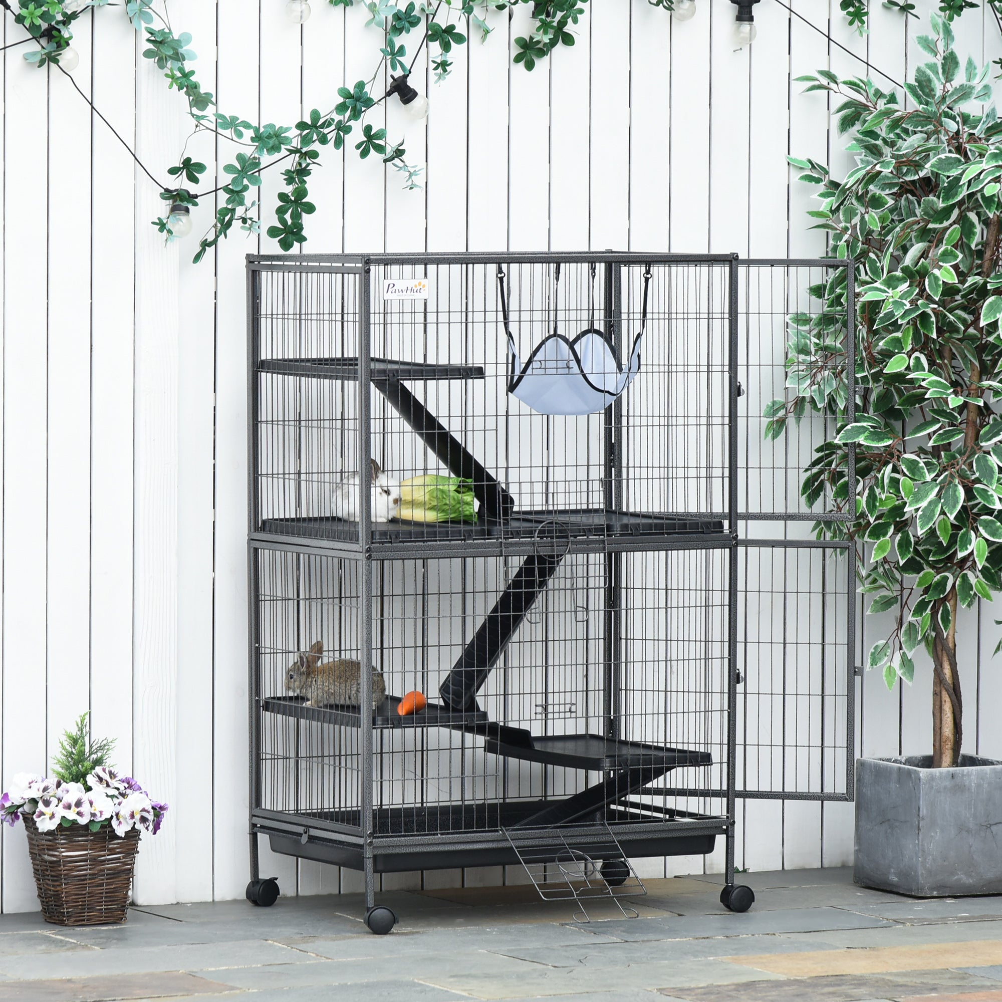 PawHut Small Animal Cage for Chinchilla Ferret Kitten on Wheels with Hammock Removable Tray, Silver Grey
