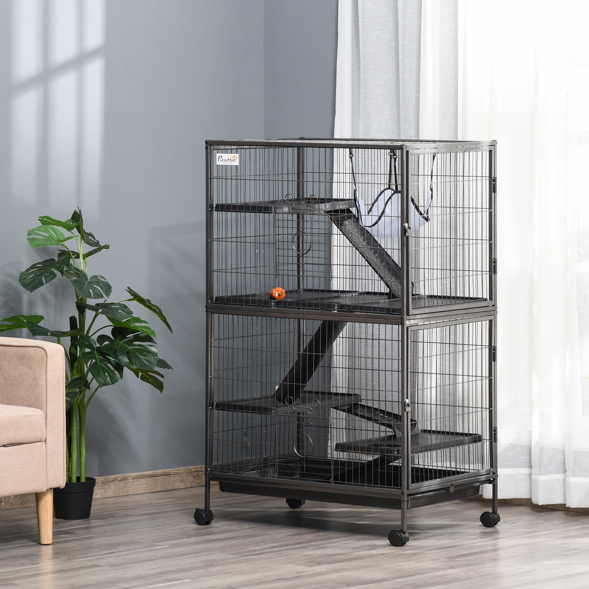 PawHut Small Animal Cage for Chinchilla Ferret Kitten on Wheels with Hammock Removable Tray, Silver Grey