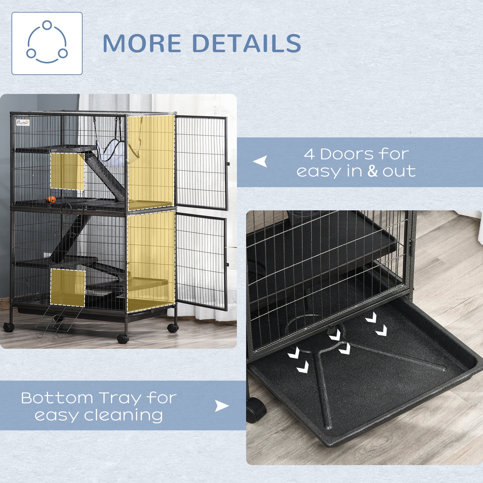 PawHut Small Animal Cage for Chinchilla Ferret Kitten on Wheels with Hammock Removable Tray, Silver Grey