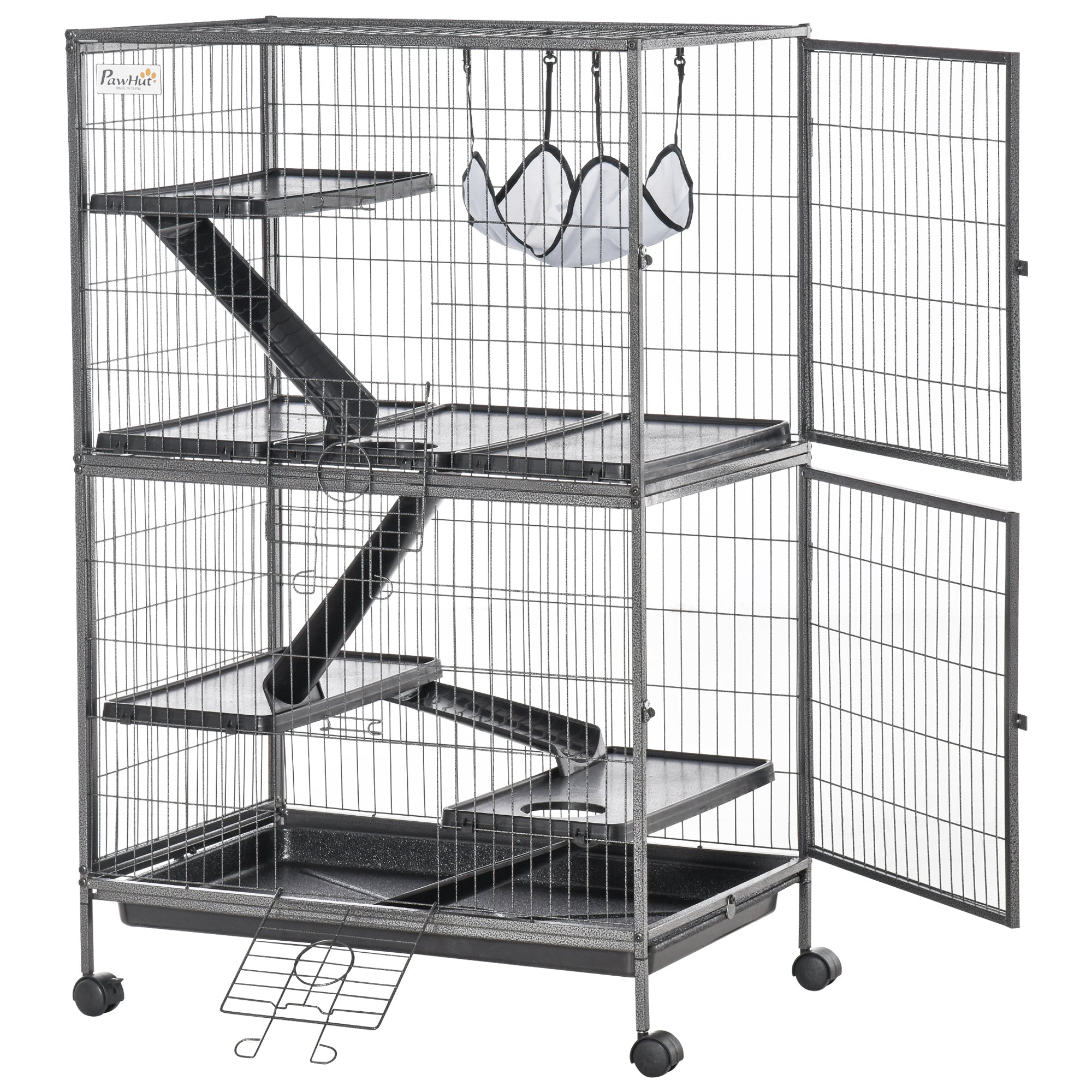 PawHut Small Animal Cage for Chinchilla Ferret Kitten on Wheels with Hammock Removable Tray, Silver Grey