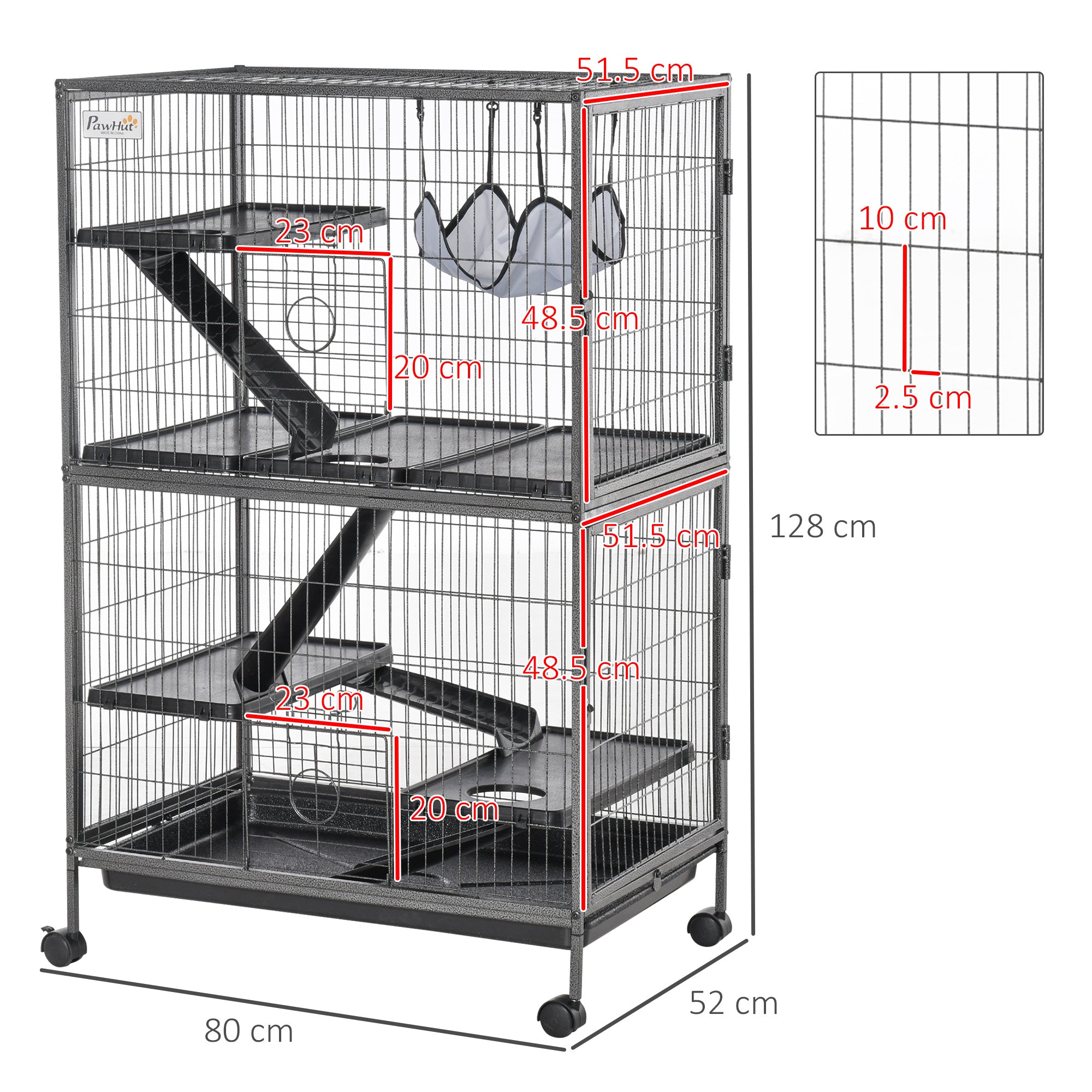 PawHut Small Animal Cage for Chinchilla Ferret Kitten on Wheels with Hammock Removable Tray, Silver Grey
