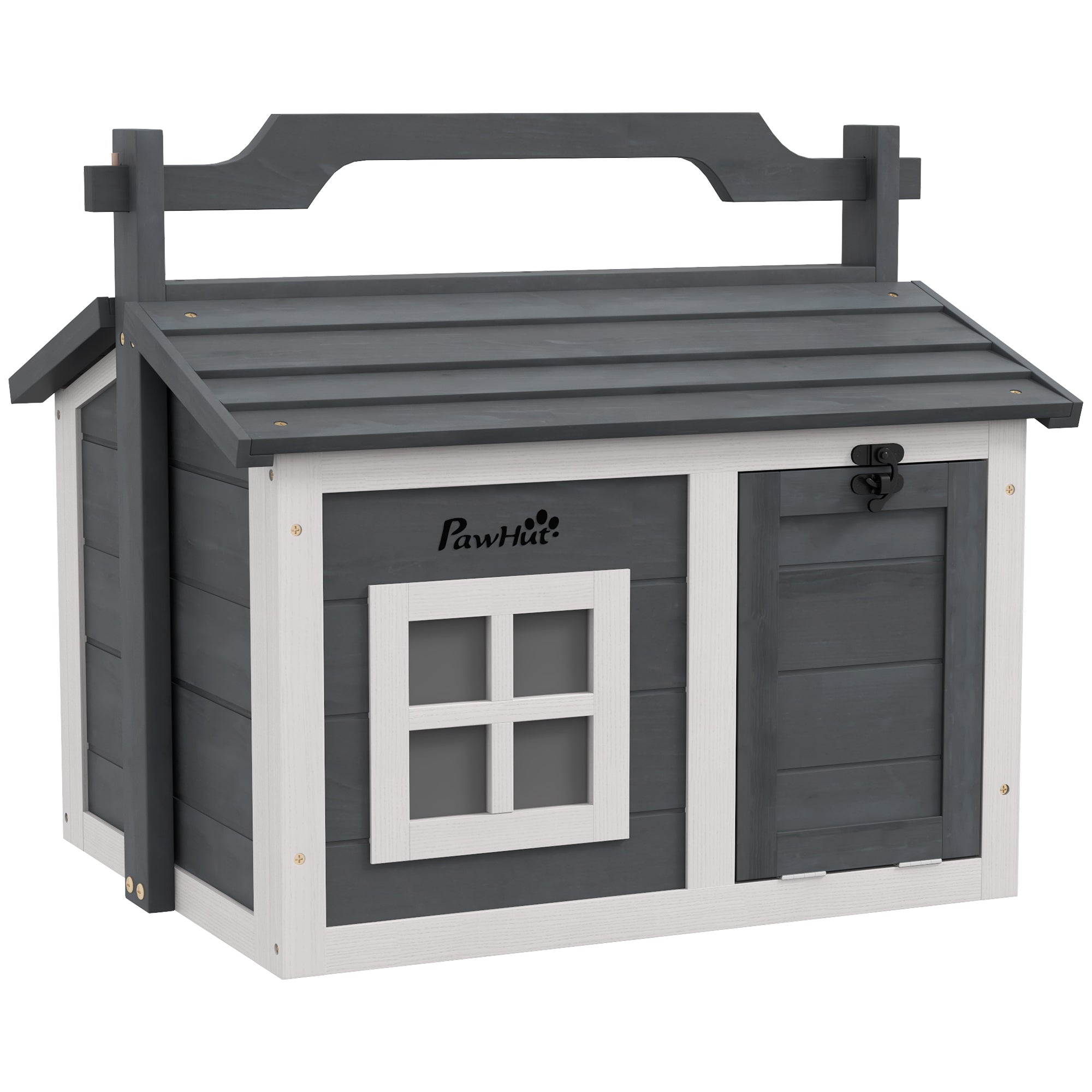 PawHut Rabbit Hutch Cat House Puppy House Guinea Pig Hutch Small Animal House Portable Wooden Indoor Outdoor with 2 Rooms Top Handle, Openable Roof - Grey