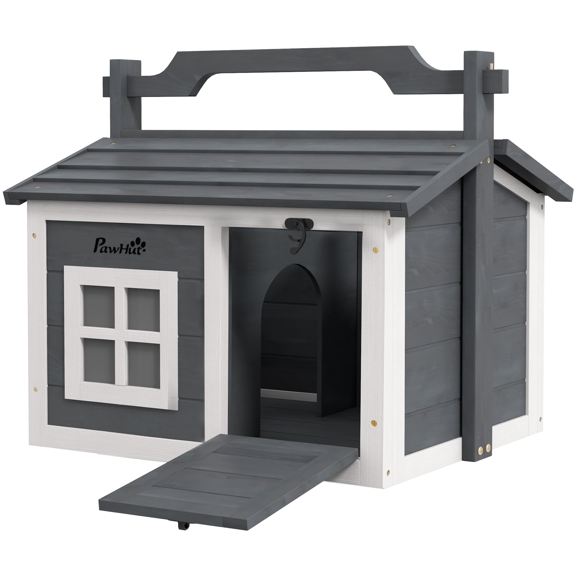 PawHut Rabbit Hutch Cat House Puppy House Guinea Pig Hutch Small Animal House Portable Wooden Indoor Outdoor with 2 Rooms Top Handle, Openable Roof - Grey