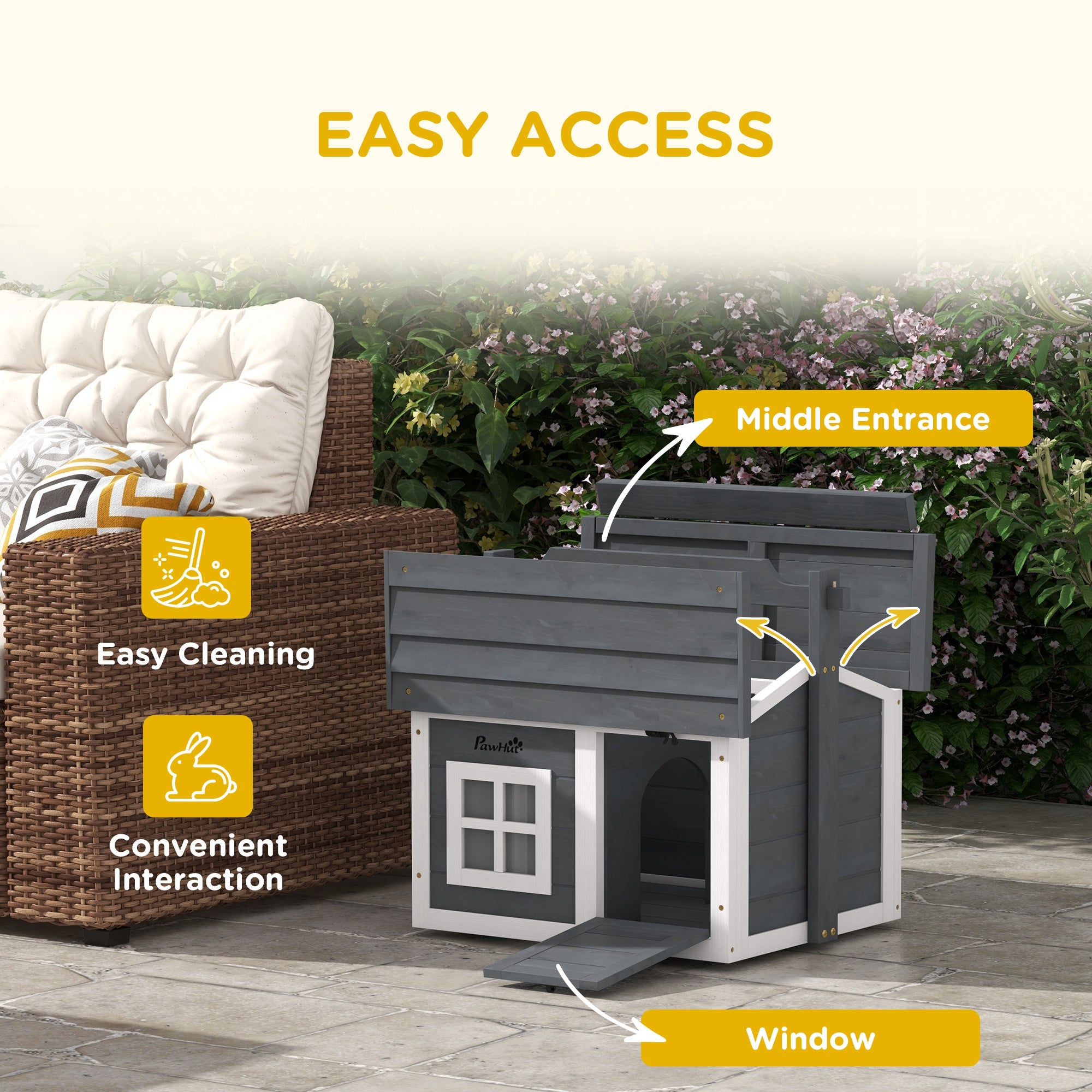 PawHut Rabbit Hutch Cat House Puppy House Guinea Pig Hutch Small Animal House Portable Wooden Indoor Outdoor with 2 Rooms Top Handle, Openable Roof - Grey