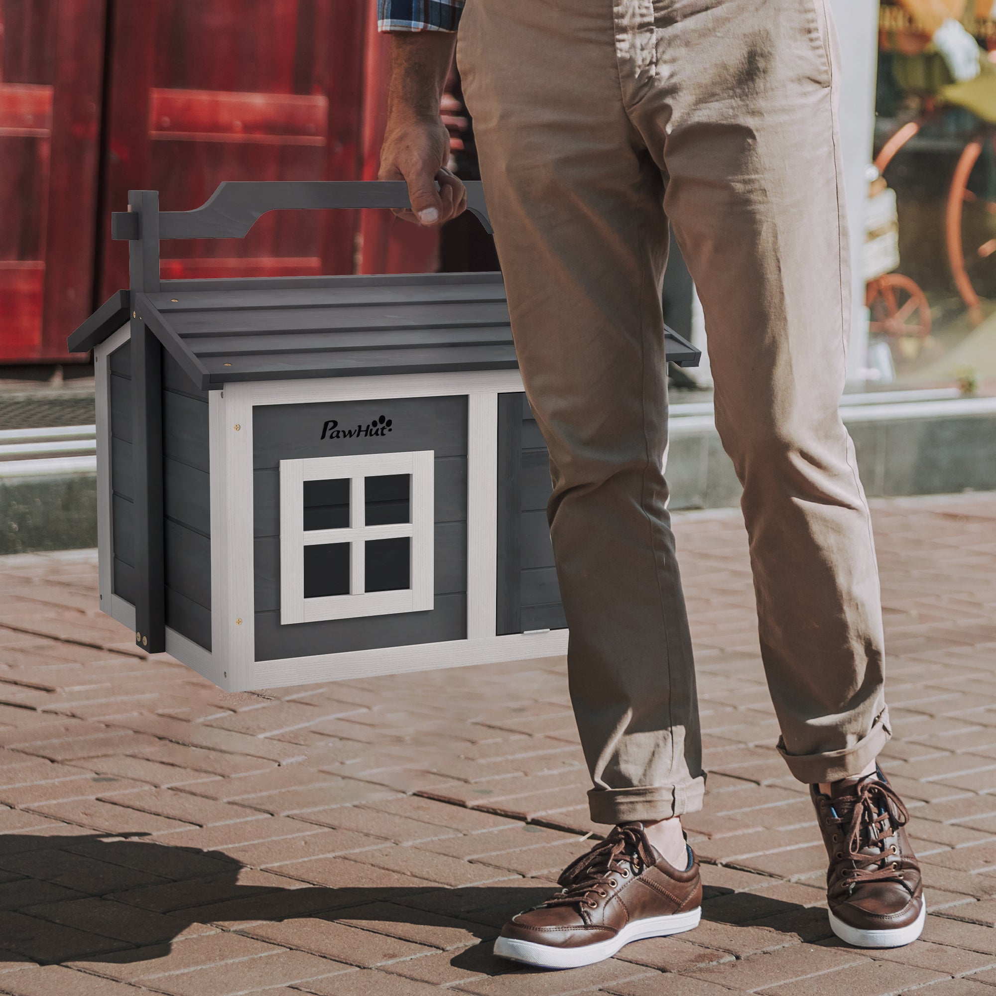 PawHut Rabbit Hutch Cat House Puppy House Guinea Pig Hutch Small Animal House Portable Wooden Indoor Outdoor with 2 Rooms Top Handle, Openable Roof - Grey