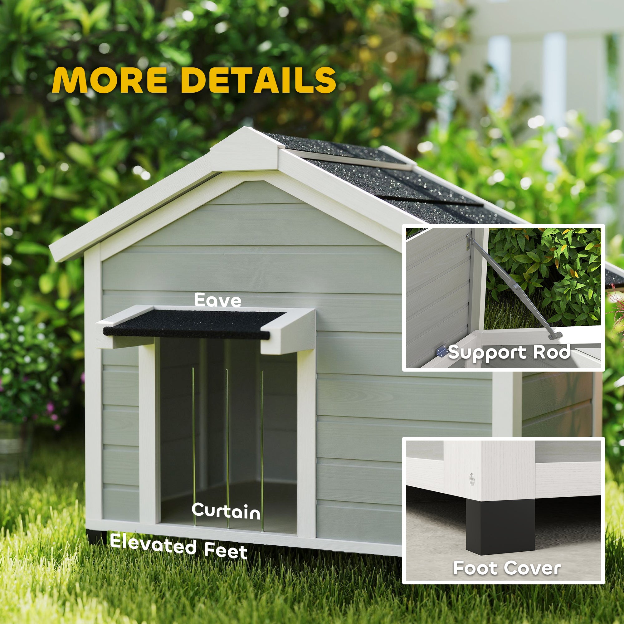 PawHut Dog House, Wooden Dog Kennel Outdoor with Openable Asphalt Roof, Removable Floor, Door Curtain, Elevated Feet, for Medium Dogs, Light Grey