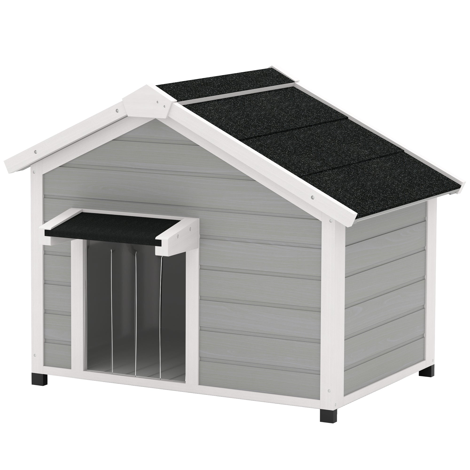 PawHut Dog House, Wooden Dog Kennel Outdoor with Openable Asphalt Roof, Removable Floor, Door Curtain, Elevated Feet, for Medium Dogs, Light Grey