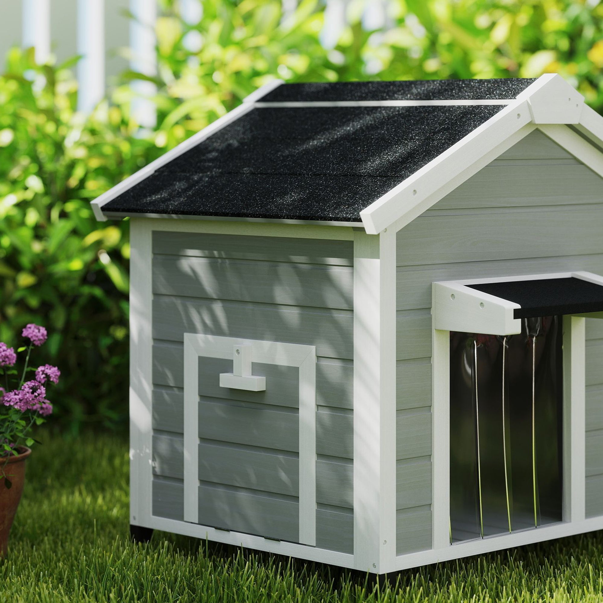 PawHut Dog House, Wooden Dog Kennel Outdoor with Openable Asphalt Roof, Removable Floor, Door Curtain, Elevated Feet, for Medium Dogs, Light Grey