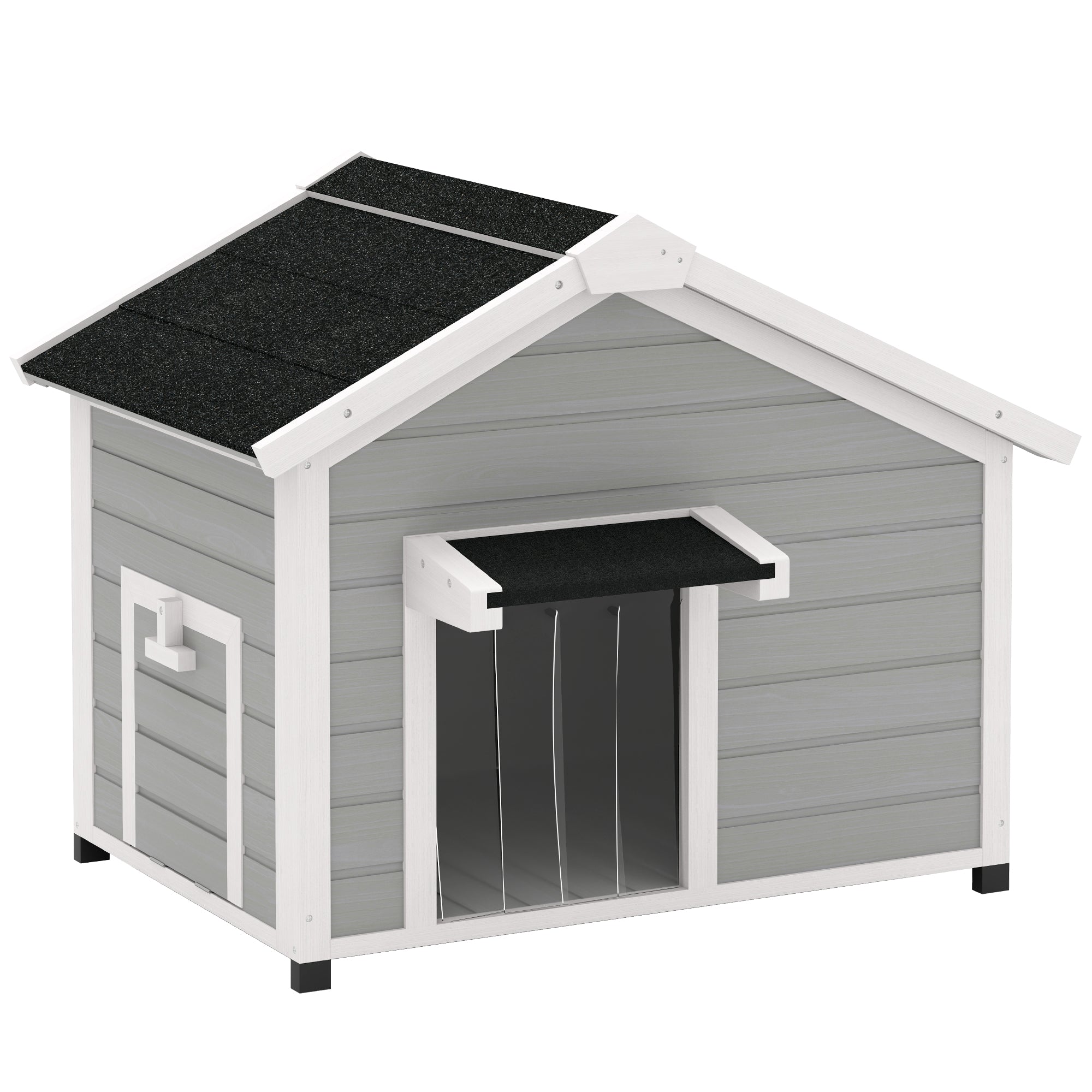 PawHut Dog House, Wooden Dog Kennel Outdoor with Openable Asphalt Roof, Removable Floor, Door Curtain, Elevated Feet, for Medium Dogs, Light Grey