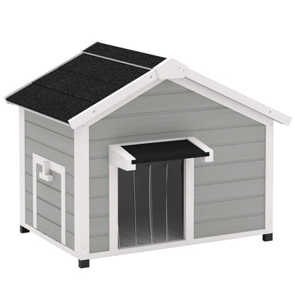 PawHut Dog House, Wooden Dog Kennel Outdoor with Openable Asphalt Roof, Removable Floor, Door Curtain, Elevated Feet, for Medium Dogs, Light Grey