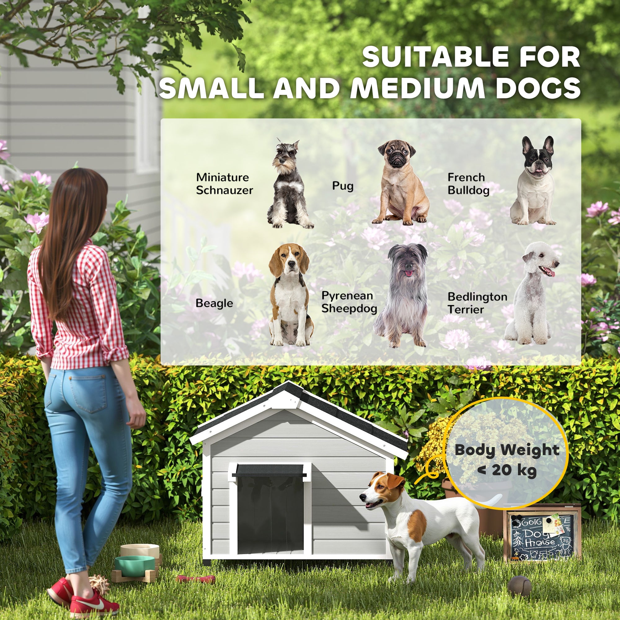 PawHut Dog House, Wooden Dog Kennel Outdoor with Openable Asphalt Roof, Removable Floor, Door Curtain, Elevated Feet, for Medium Dogs, Light Grey