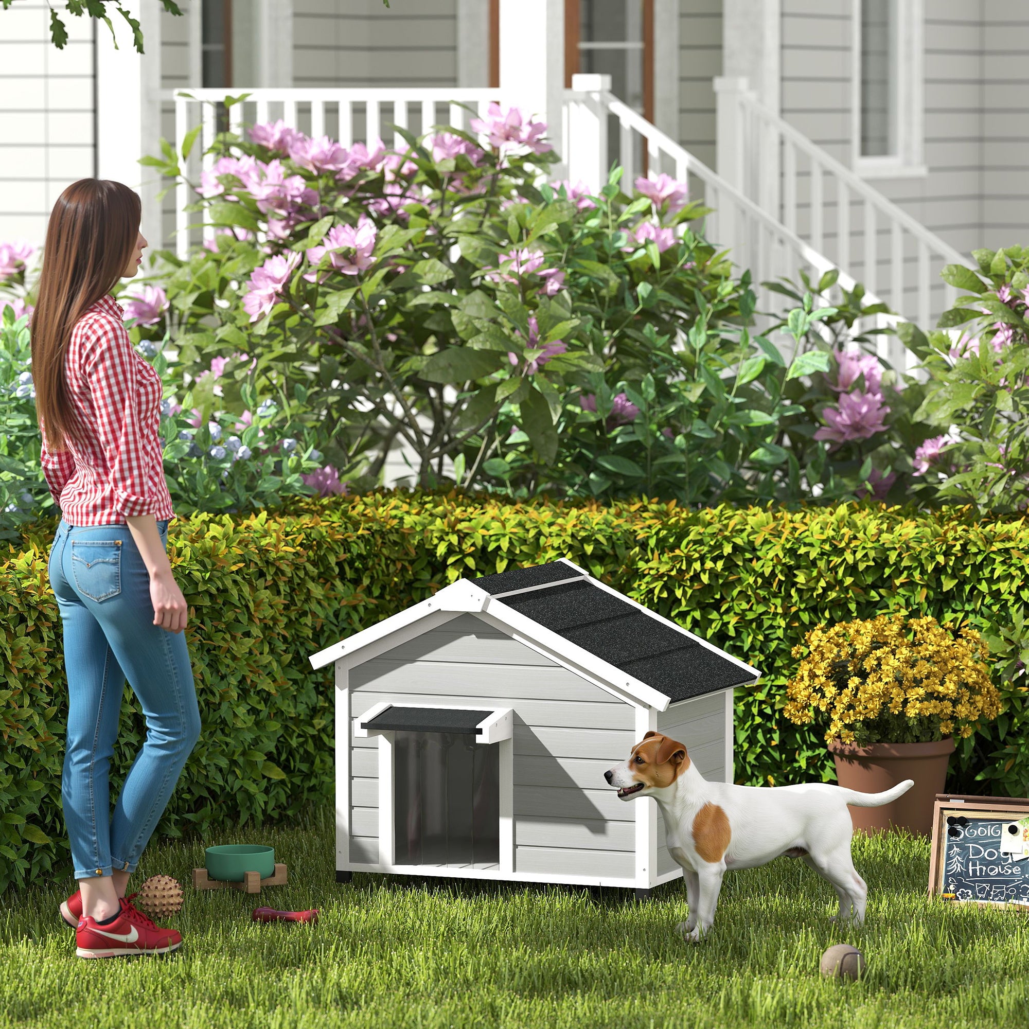 PawHut Dog House, Wooden Dog Kennel Outdoor with Openable Asphalt Roof, Removable Floor, Door Curtain, Elevated Feet, for Medium Dogs, Light Grey