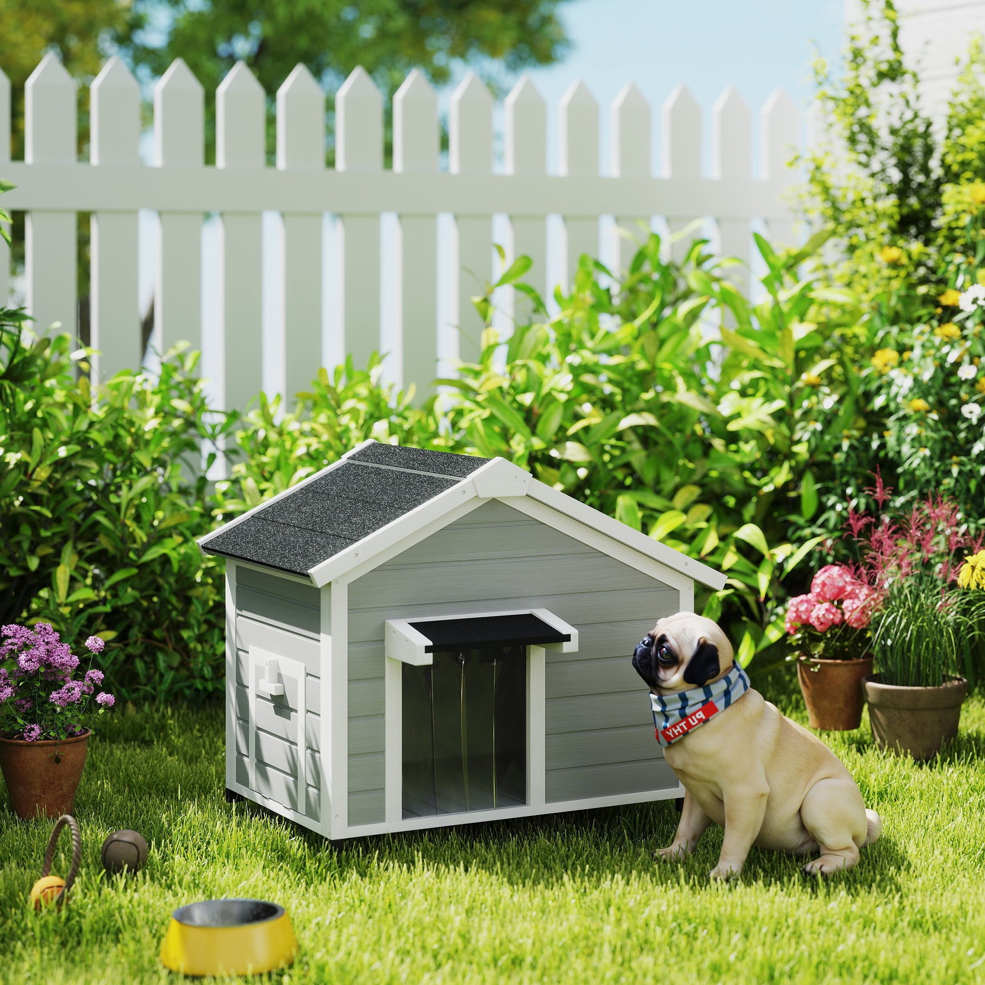 PawHut Dog House, Wooden Dog Kennel Outdoor with Openable Asphalt Roof, Removable Floor, Door Curtain, Elevated Feet, for Medium Dogs, Light Grey