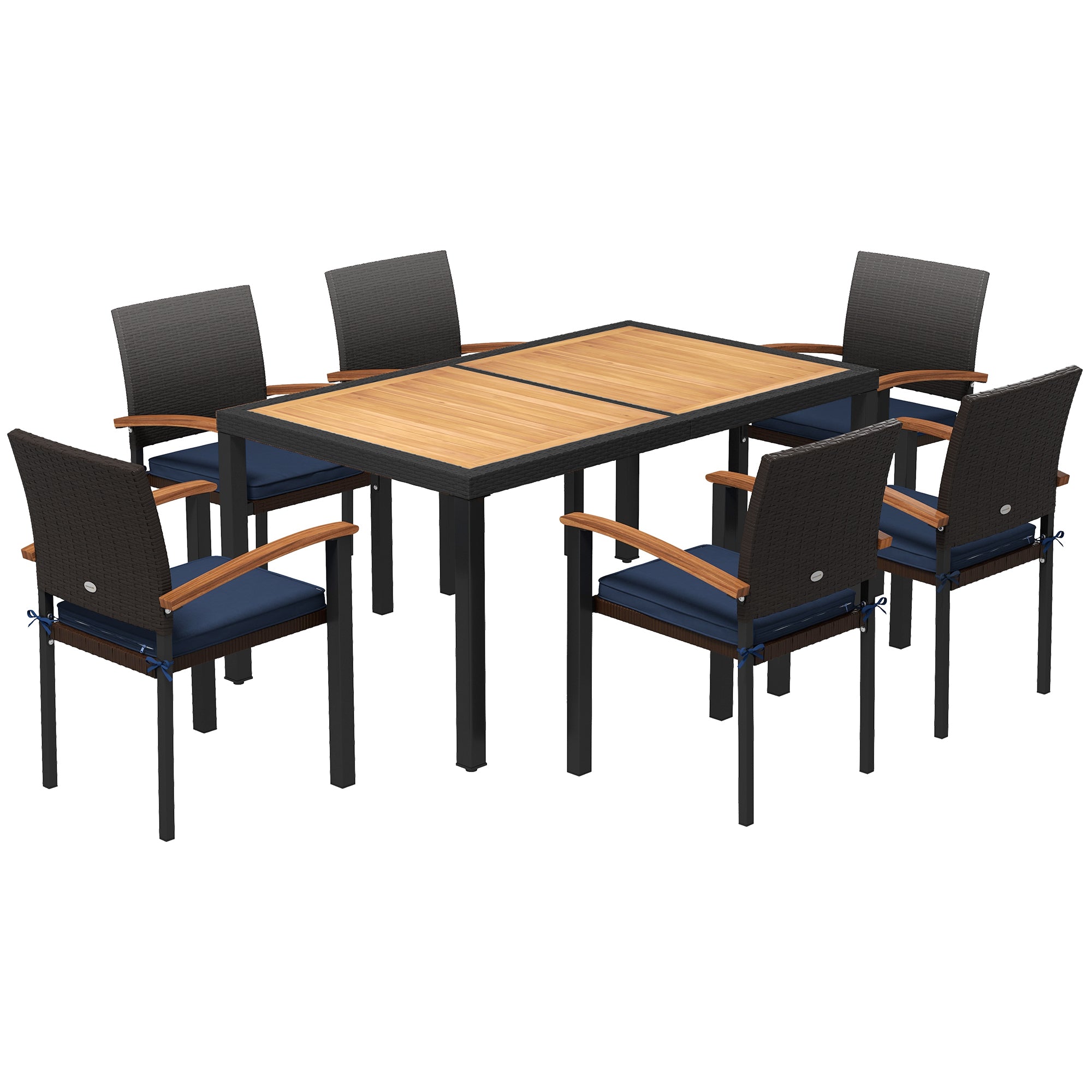 Outsunny 7 Pieces Wicker Patio Dining Set with Cushions, Space-Saving Outdoor Furniture Set, Acacia Wood Top Dining Table, PE Rattan Conversation Set for Garden Poolside Backyard