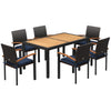 Outsunny 7 Pieces Wicker Patio Dining Set with Cushions, Space-Saving Outdoor Furniture Set, Acacia Wood Top Dining Table, PE Rattan Conversation Set for Garden Poolside Backyard