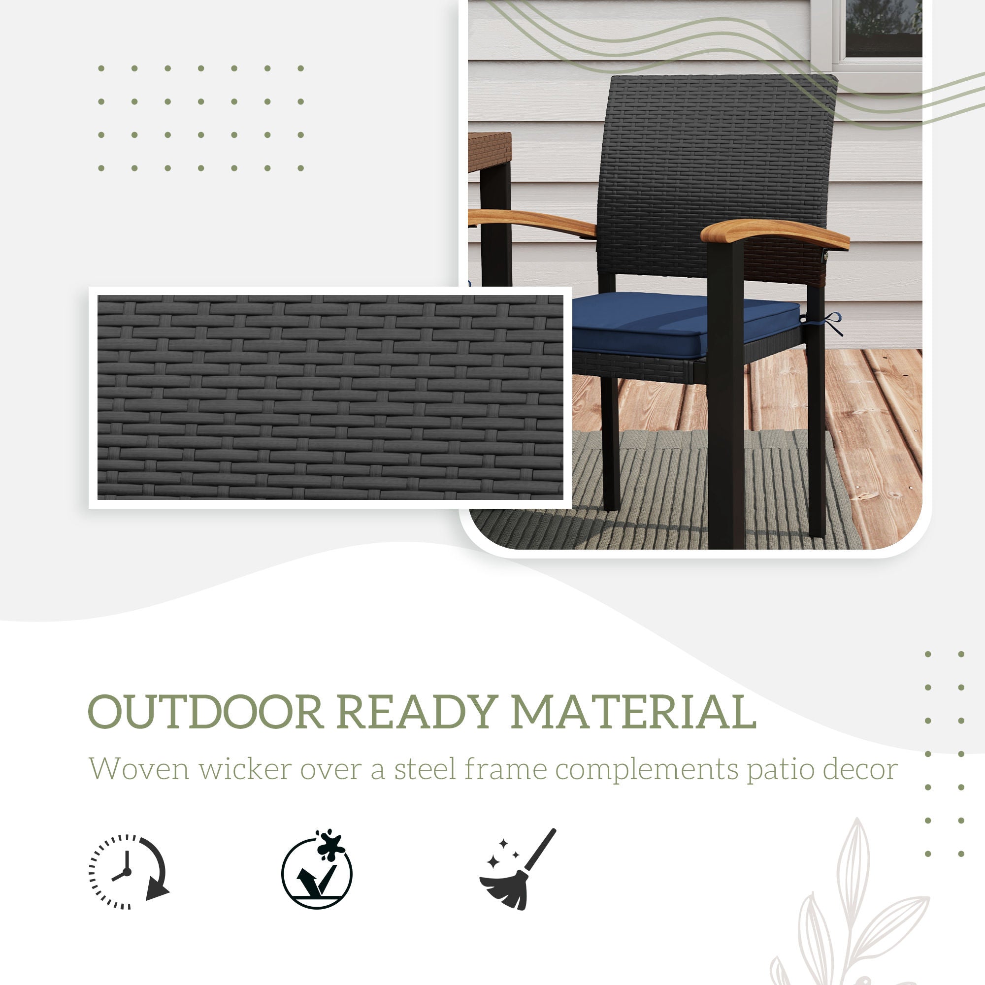 Outsunny 7 Pieces Wicker Patio Dining Set with Cushions, Space-Saving Outdoor Furniture Set, Acacia Wood Top Dining Table, PE Rattan Conversation Set for Garden Poolside Backyard