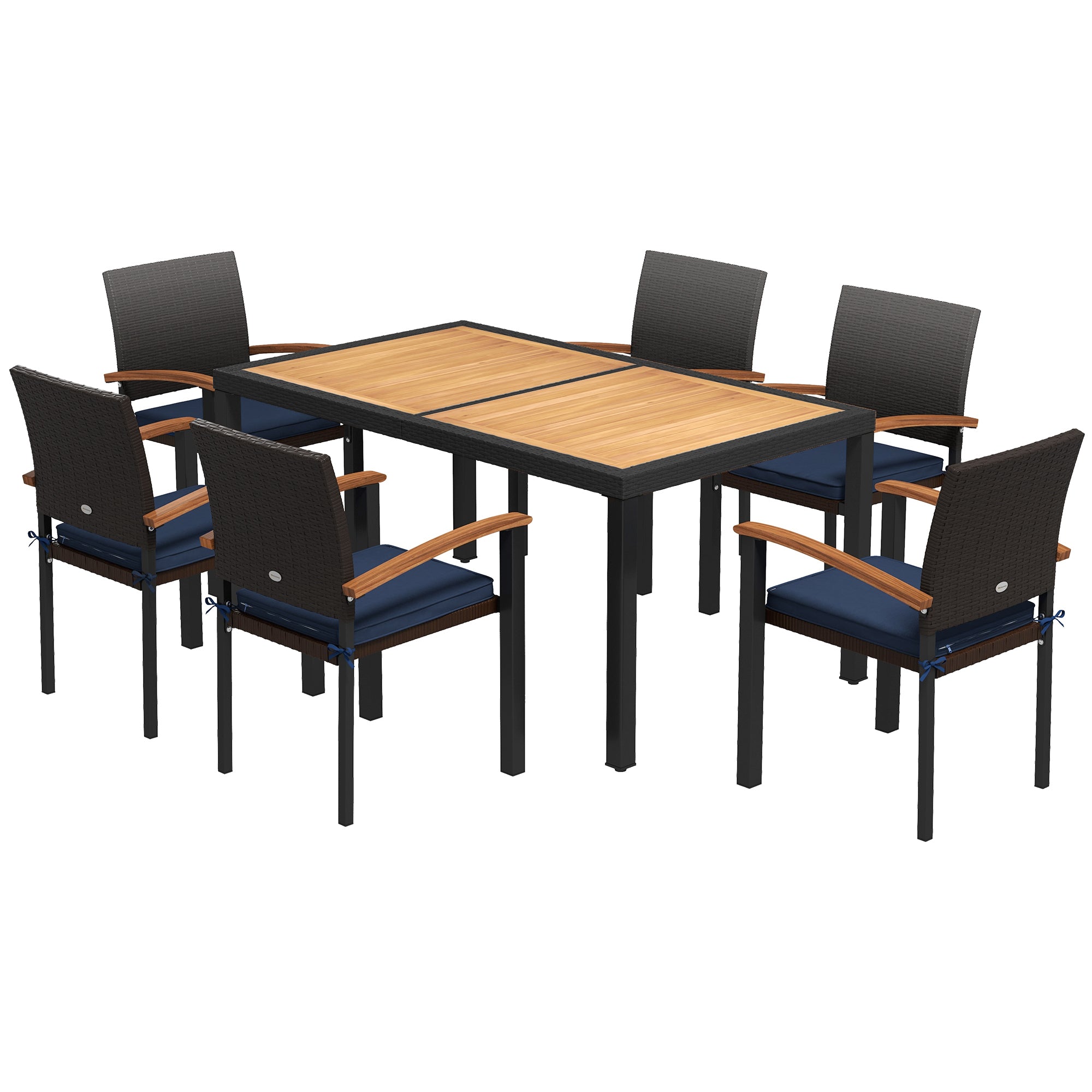 Outsunny 7 Pieces Wicker Patio Dining Set with Cushions, Space-Saving Outdoor Furniture Set, Acacia Wood Top Dining Table, PE Rattan Conversation Set for Garden Poolside Backyard