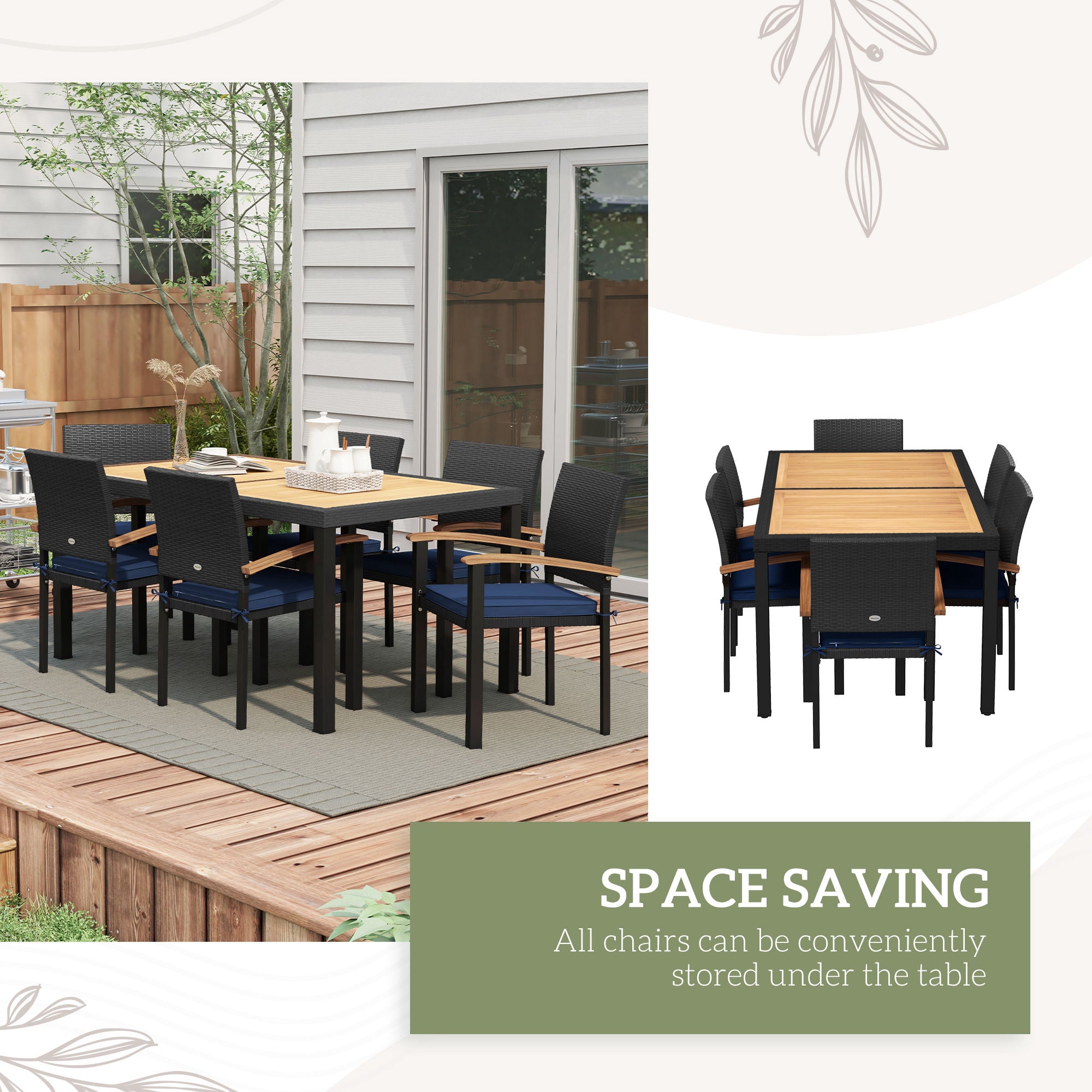 Outsunny 7 Pieces Wicker Patio Dining Set with Cushions, Space-Saving Outdoor Furniture Set, Acacia Wood Top Dining Table, PE Rattan Conversation Set for Garden Poolside Backyard