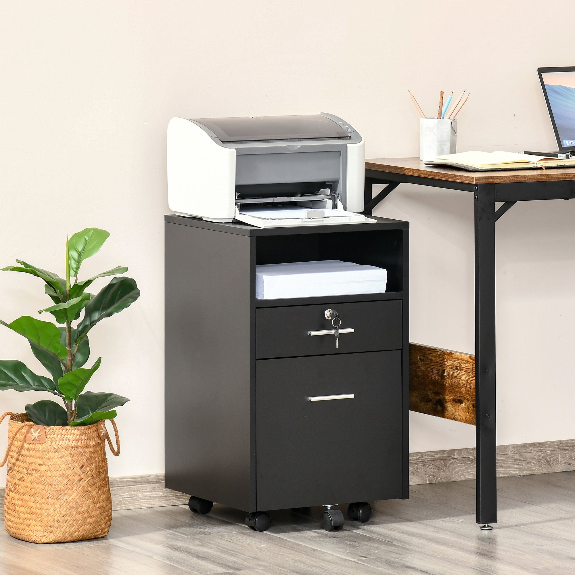Vinsetto 2 Drawer Filing Cabinet with Lock, Vertical File Cabinet with Wheels, Mobile Office Cabinet for A4, Letter Size, Black