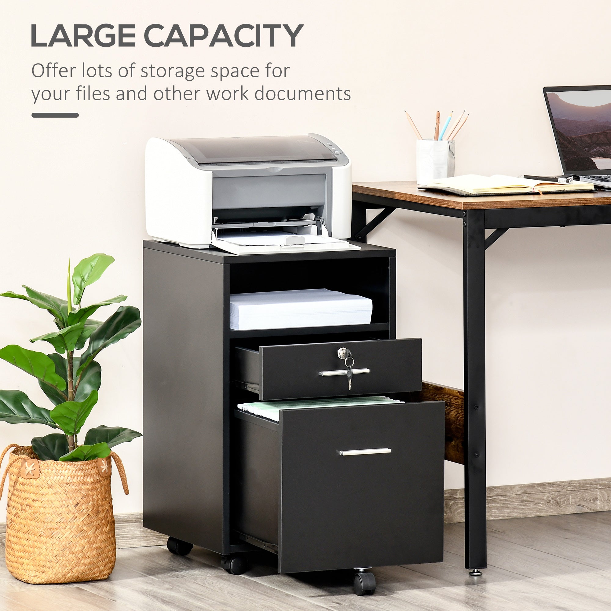 Vinsetto 2 Drawer Filing Cabinet with Lock, Vertical File Cabinet with Wheels, Mobile Office Cabinet for A4, Letter Size, Black