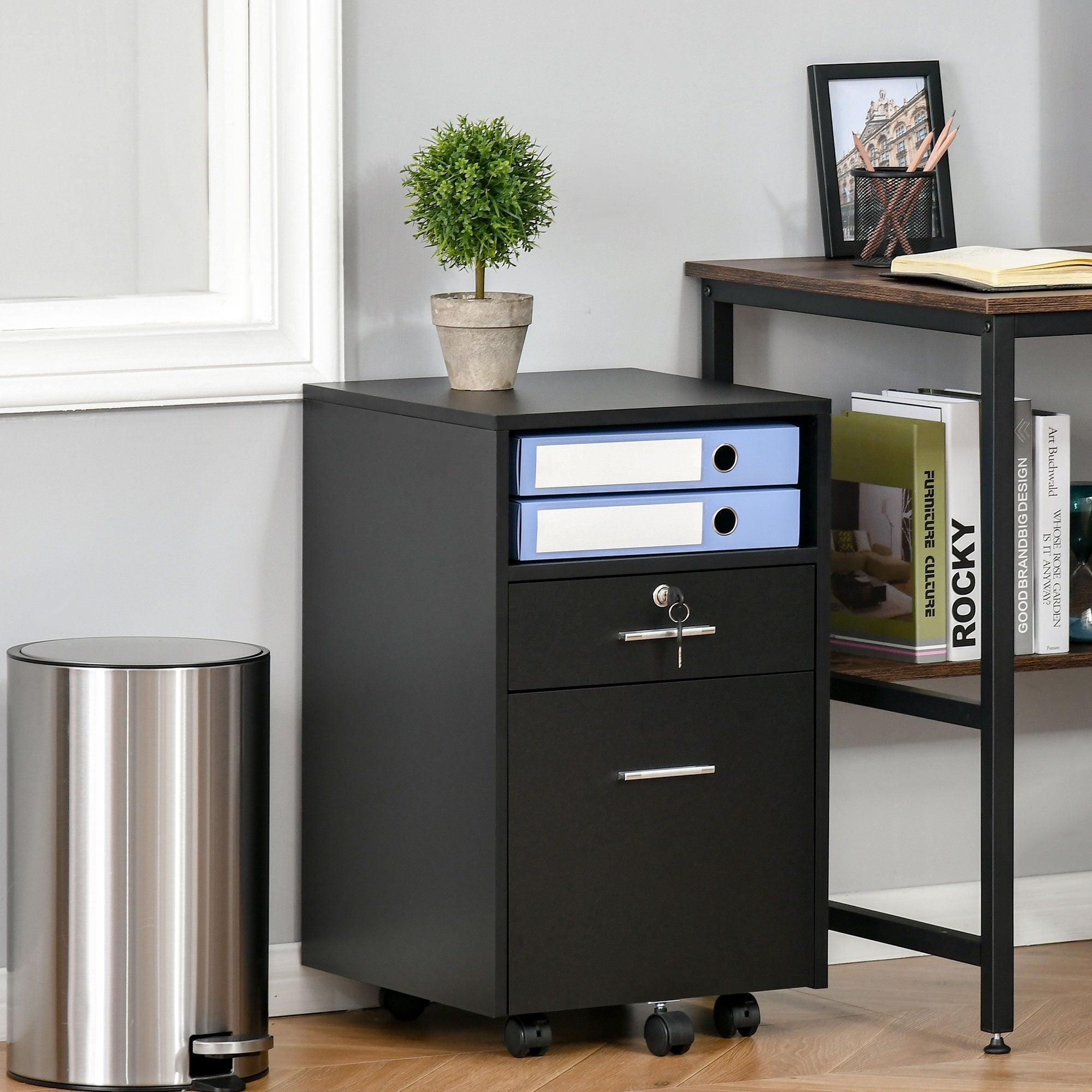 Vinsetto 2 Drawer Filing Cabinet with Lock, Vertical File Cabinet with Wheels, Mobile Office Cabinet for A4, Letter Size, Black