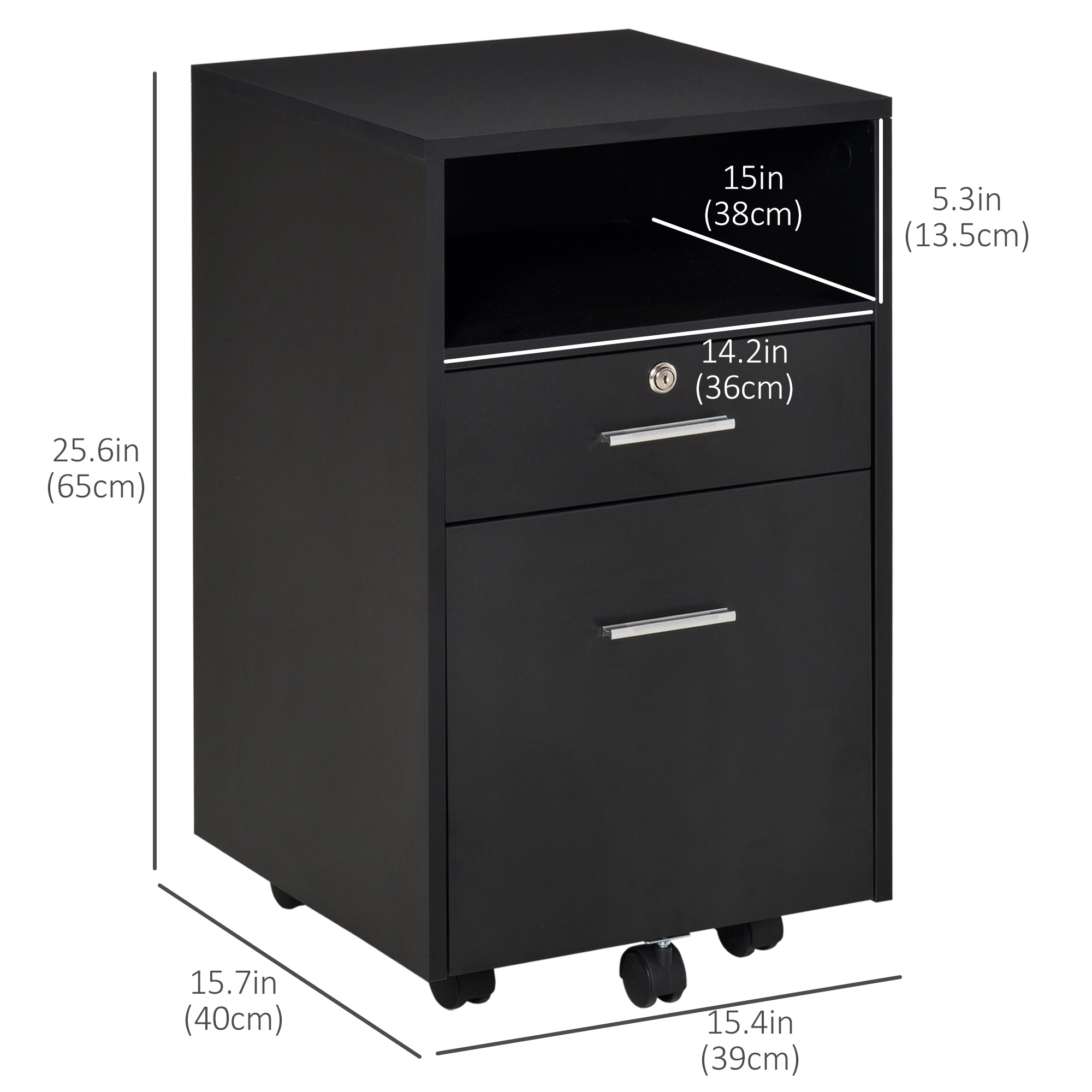 Vinsetto 2 Drawer Filing Cabinet with Lock, Vertical File Cabinet with Wheels, Mobile Office Cabinet for A4, Letter Size, Black