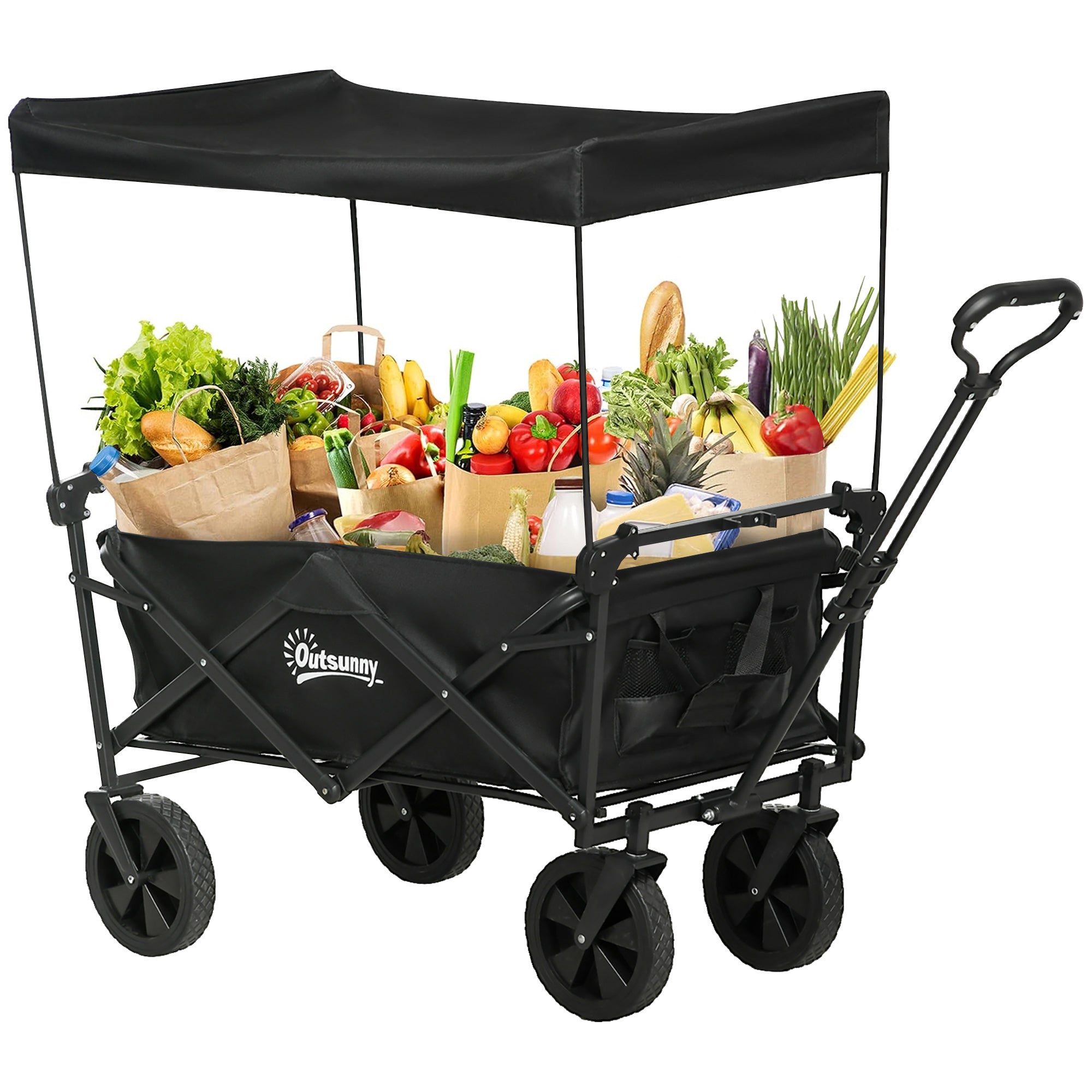 Outsunny Outdoor Collapsible Wagon with Removable Canopy, Folding Garden Cart, Heavy Duty Pull Along Camping Cart with Telescopic Handle and Carry Bag, 220LBS Capacity
