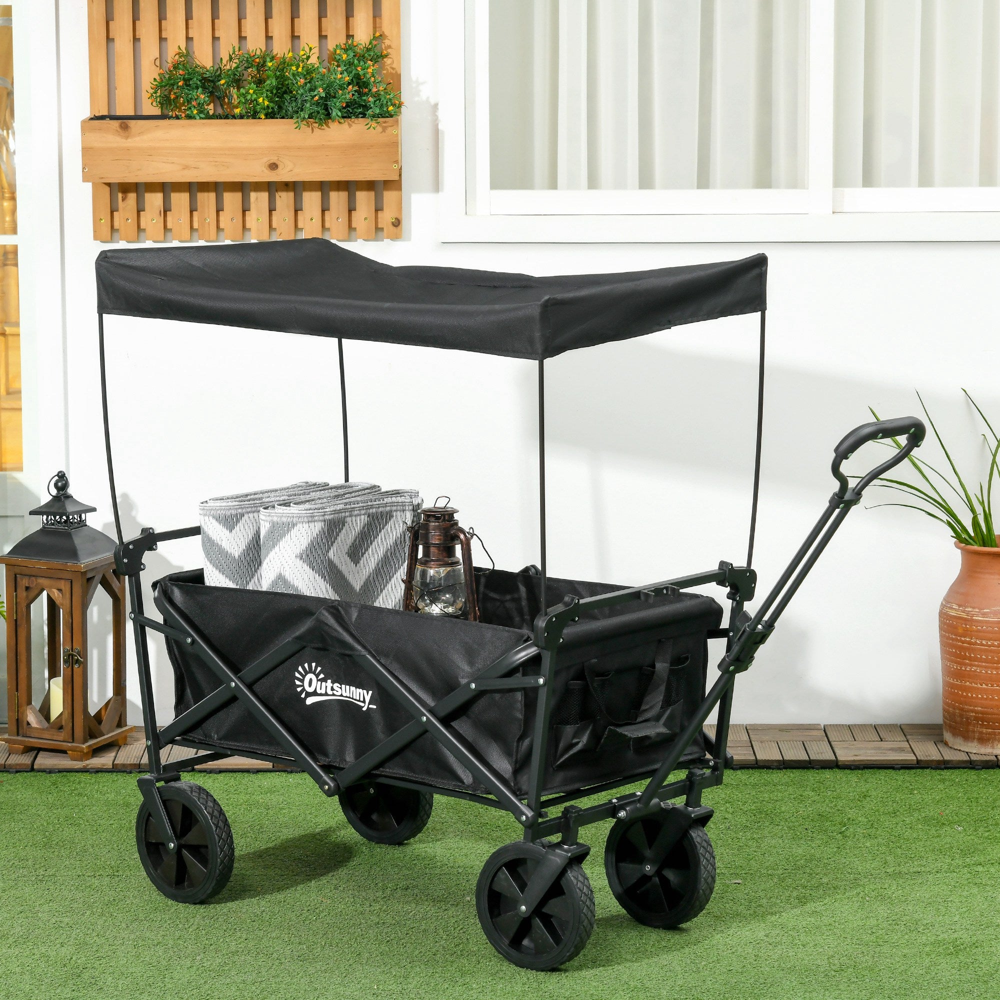 Outsunny Outdoor Collapsible Wagon with Removable Canopy, Folding Garden Cart, Heavy Duty Pull Along Camping Cart with Telescopic Handle and Carry Bag, 220LBS Capacity