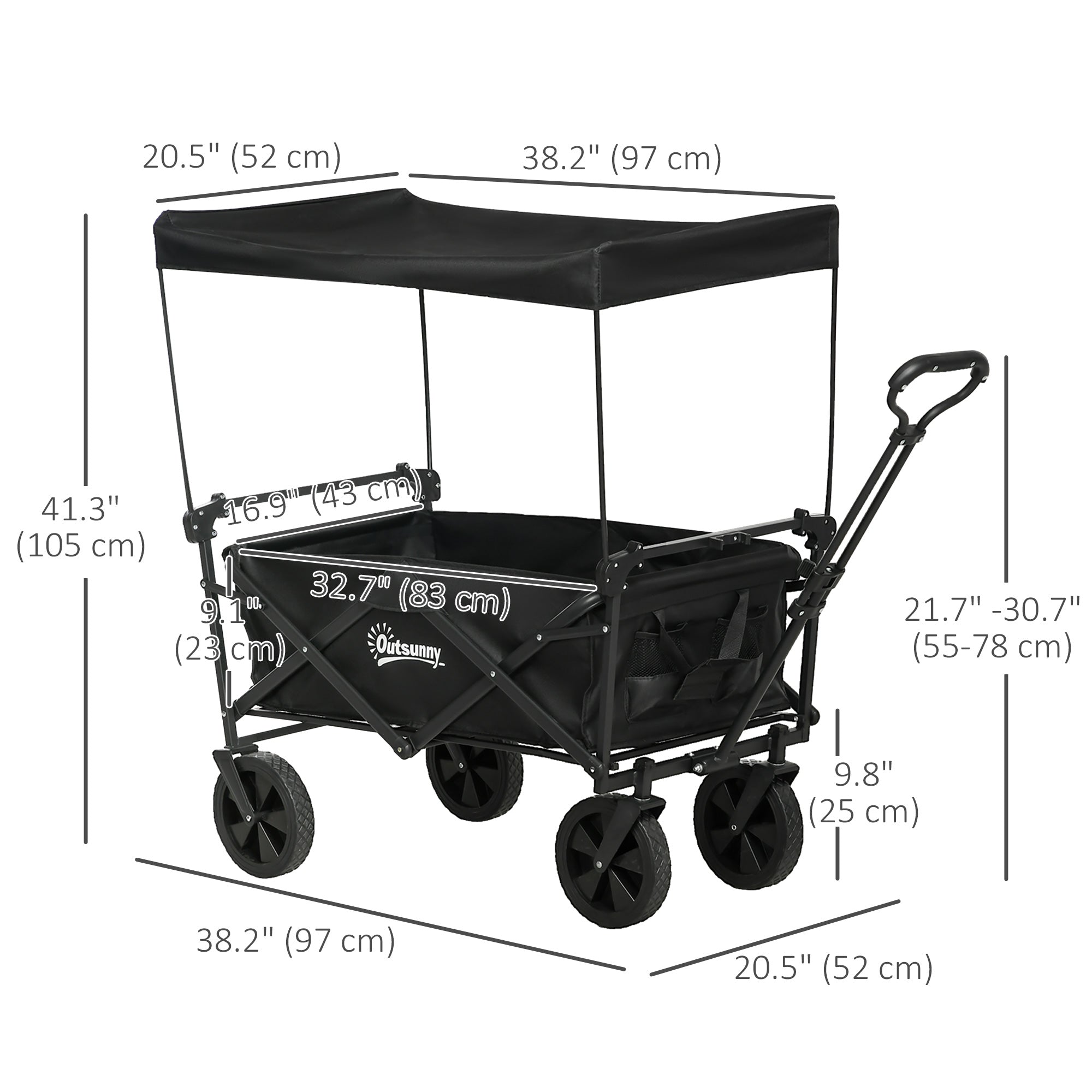 Outsunny Outdoor Collapsible Wagon with Removable Canopy, Folding Garden Cart, Heavy Duty Pull Along Camping Cart with Telescopic Handle and Carry Bag, 220LBS Capacity
